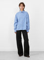 Japanese Striped Dennis Shirt Blue and Dandelion from Cawley at Couverture & The Garbstore 
model front 