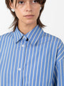 Japanese Striped Dennis Shirt Blue and Dandelion from Cawley at Couverture & The Garbstore 
model close 