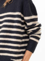 C25 Nimbus Cropped Crew Neck Jumper Black and Beige Stripe from Himalayan Cashmere at Couverture & The Garbstore Model Detail