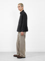 The POST 46 Jacket arrives from Post O'Alls in Washed Black Pigment Dyed Canvas at Couverture & The Garbstore
model side 