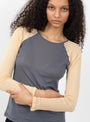 Gene Long Sleeve Tee Amber Blue and Beige from Baserange at Couverture & The Garbstore model detail