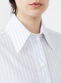 The Japanese Cotton Stripe June Shirt from Cawley comes in White and Sky Check at Couverture & The Garbstore 
model