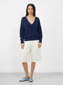 The Softest Silk Cashmere V-Neck Jumper comes in Eclipse from Apiece Apart at Couverture & The garbstore
model front 