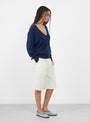 The Softest Silk Cashmere V-Neck Jumper comes in Eclipse from Apiece Apart at Couverture & The garbstore
model side