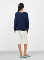 The Softest Silk Cashmere V-Neck Jumper comes in Eclipse from Apiece Apart at Couverture & The garbstore
model back