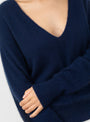 The Softest Silk Cashmere V-Neck Jumper comes in Eclipse from Apiece Apart at Couverture & The garbstore
model detail