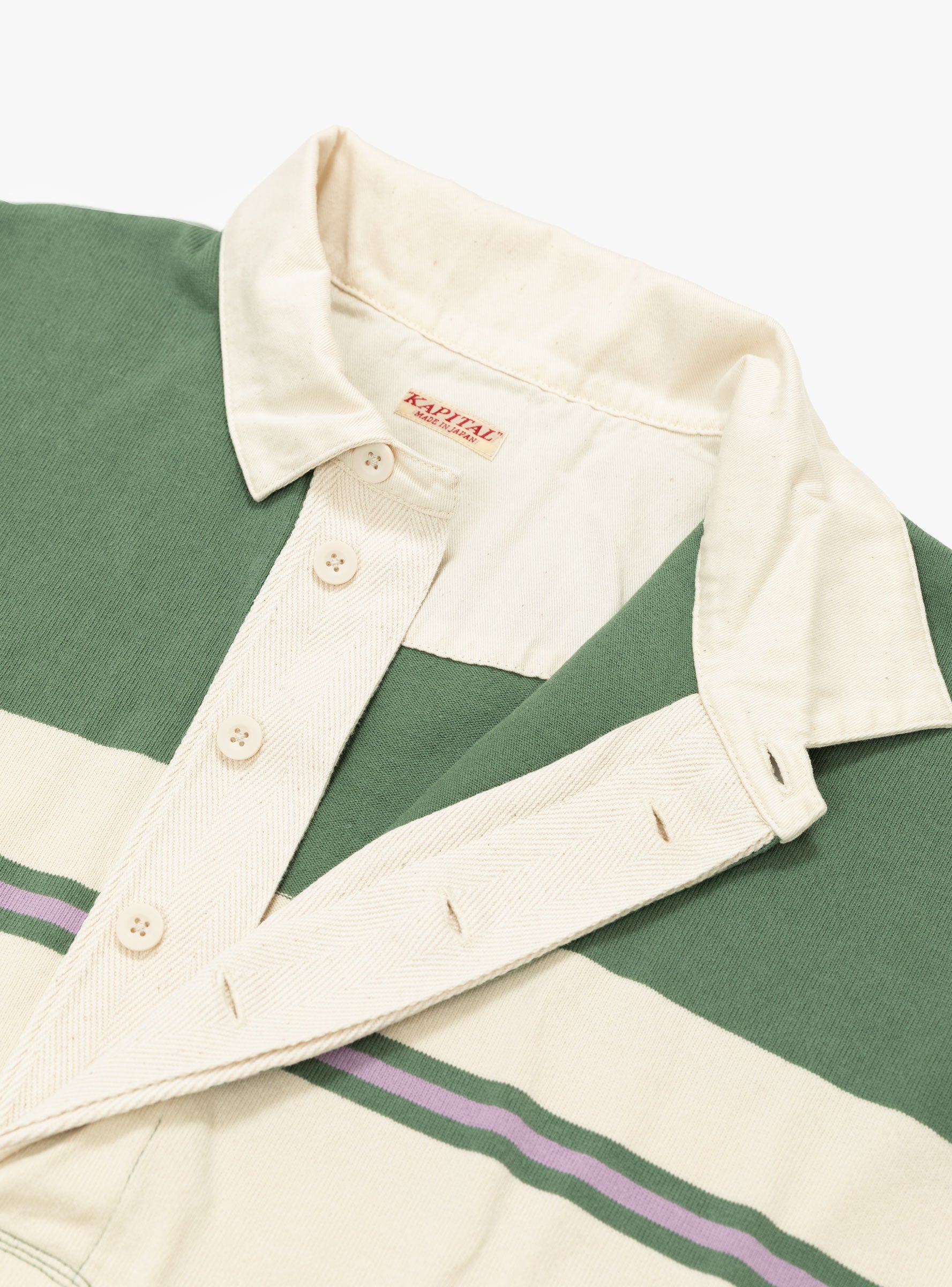 Panel Striped Jersey Rugby Shirt Green KAPITAL (collar close up) at Couverture & The Garbstore