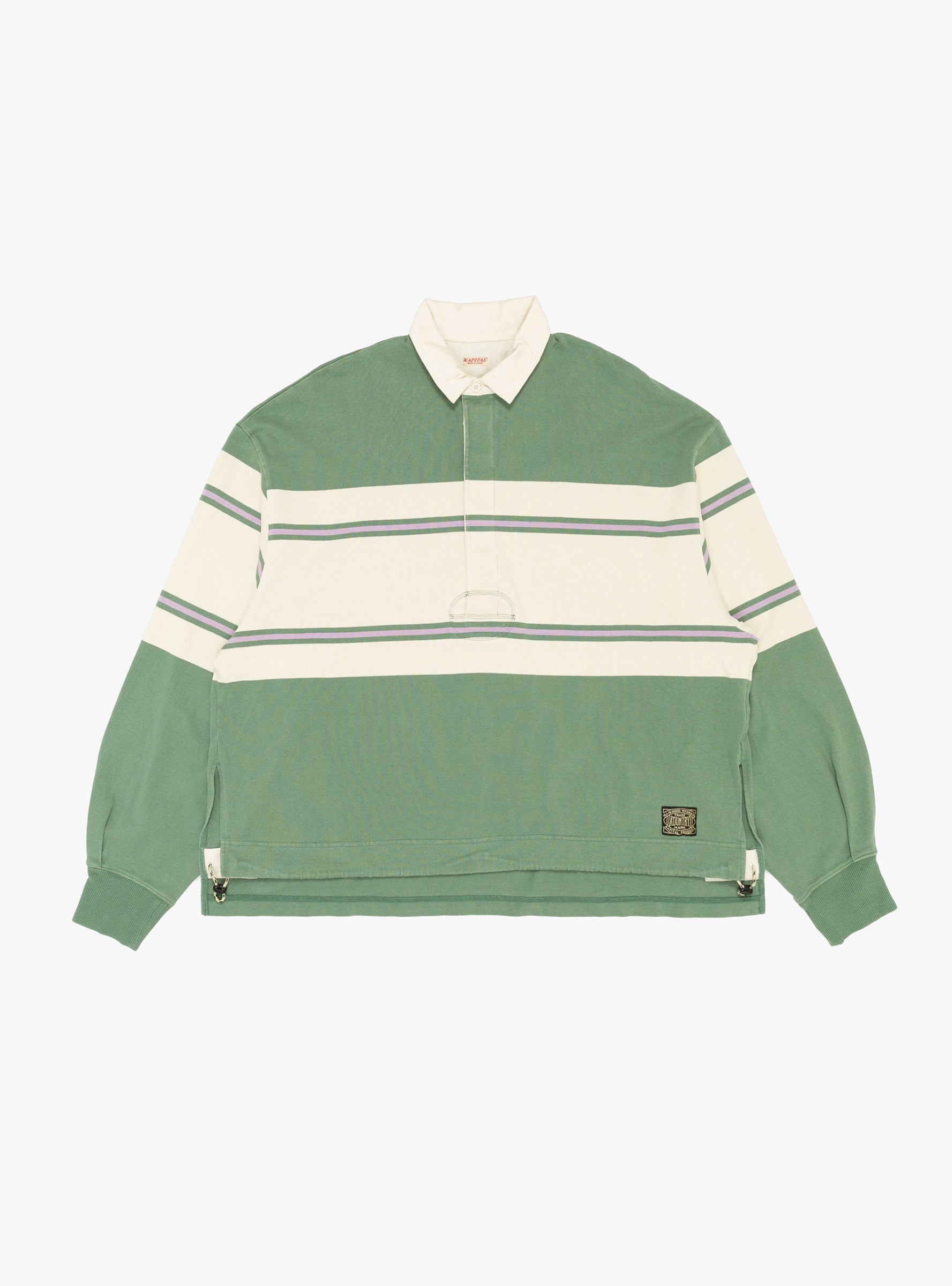 Panel Striped Jersey Rugby Shirt Green KAPITAL (front) at Couverture & The Garbstore