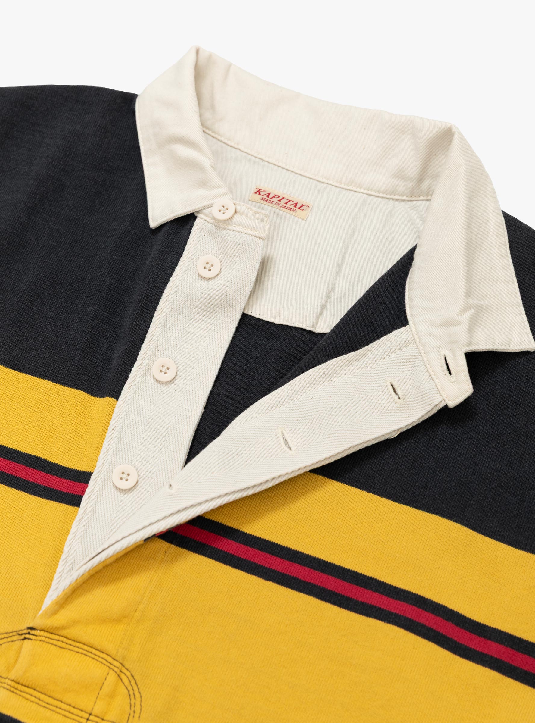 Panel Striped Jersey Rugby Shirt Black KAPITAL (collar close up) at Couverture & The Garbstore