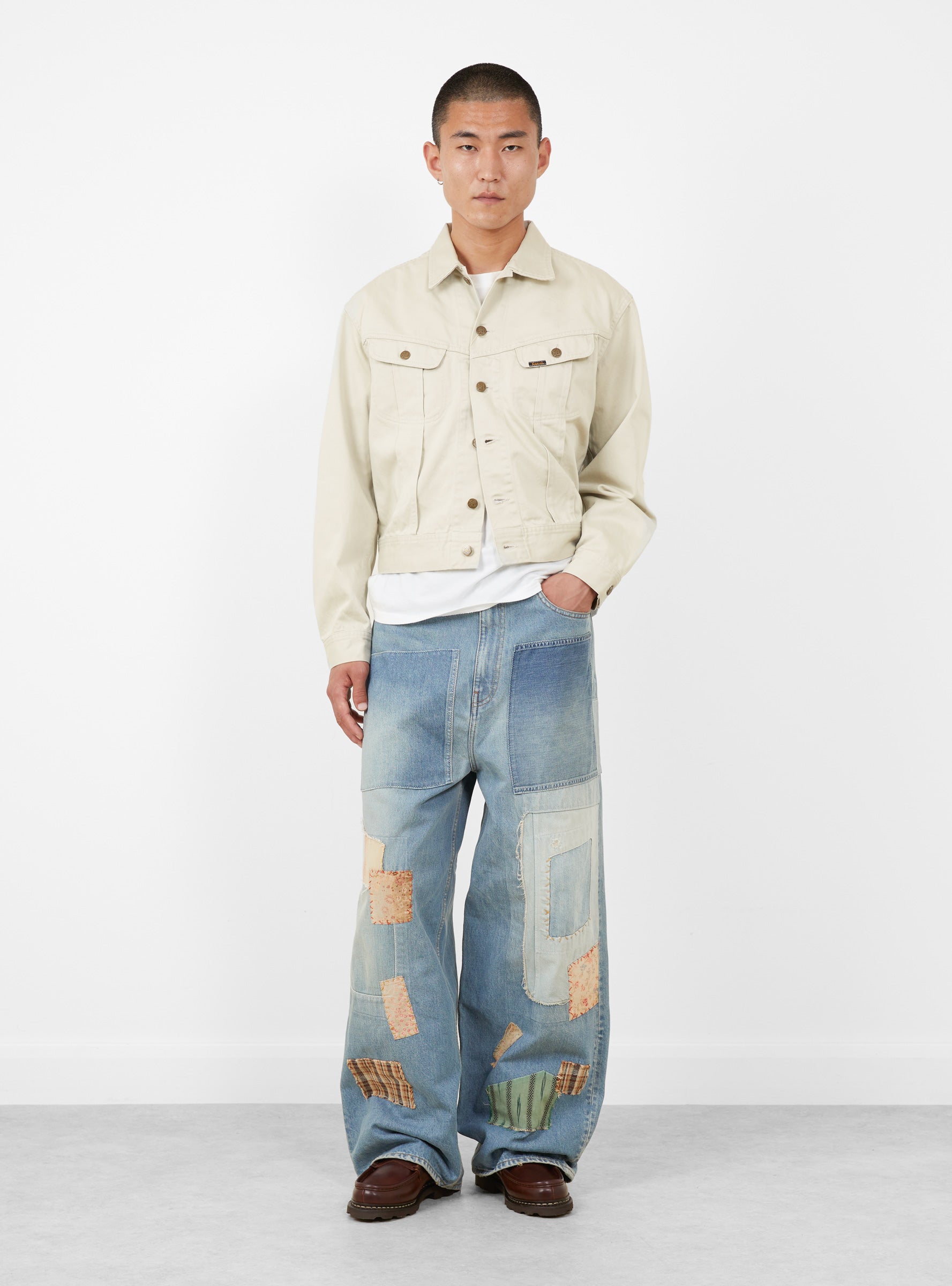 Vintage Satin Westerner Jacket Ecru KAPITAL (model front) at Couverture & The Garbstore