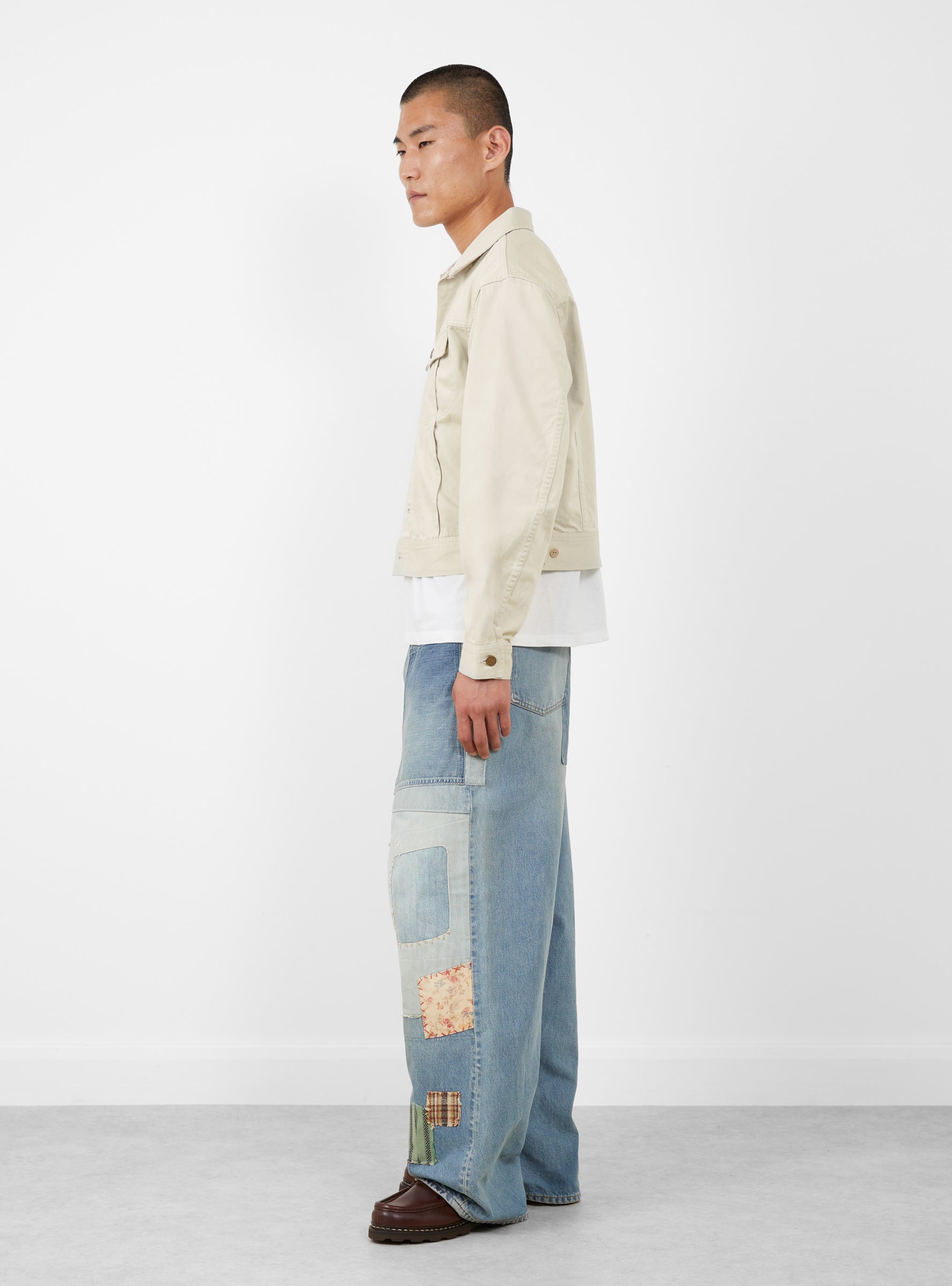 Vintage Satin Westerner Jacket Ecru KAPITAL (model side) at Couverture & The Garbstore