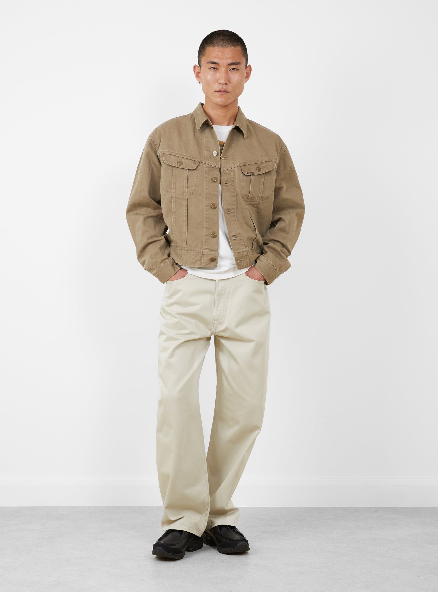 Vintage Satin Westerner Jacket Mocha Beige KAPITAL (model front) at Couverture & The Garbstore