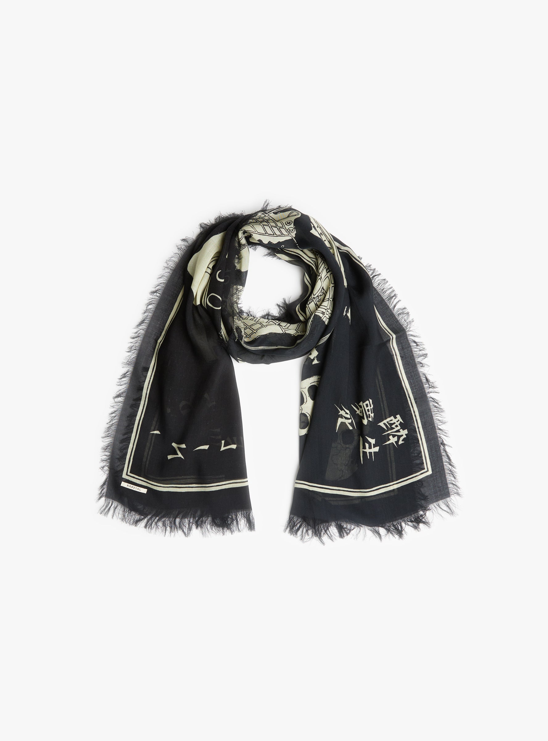 Kayo Hueso Rayon Fringed Stole Black KAPITAL (top view) at Couverture & The Garbstore