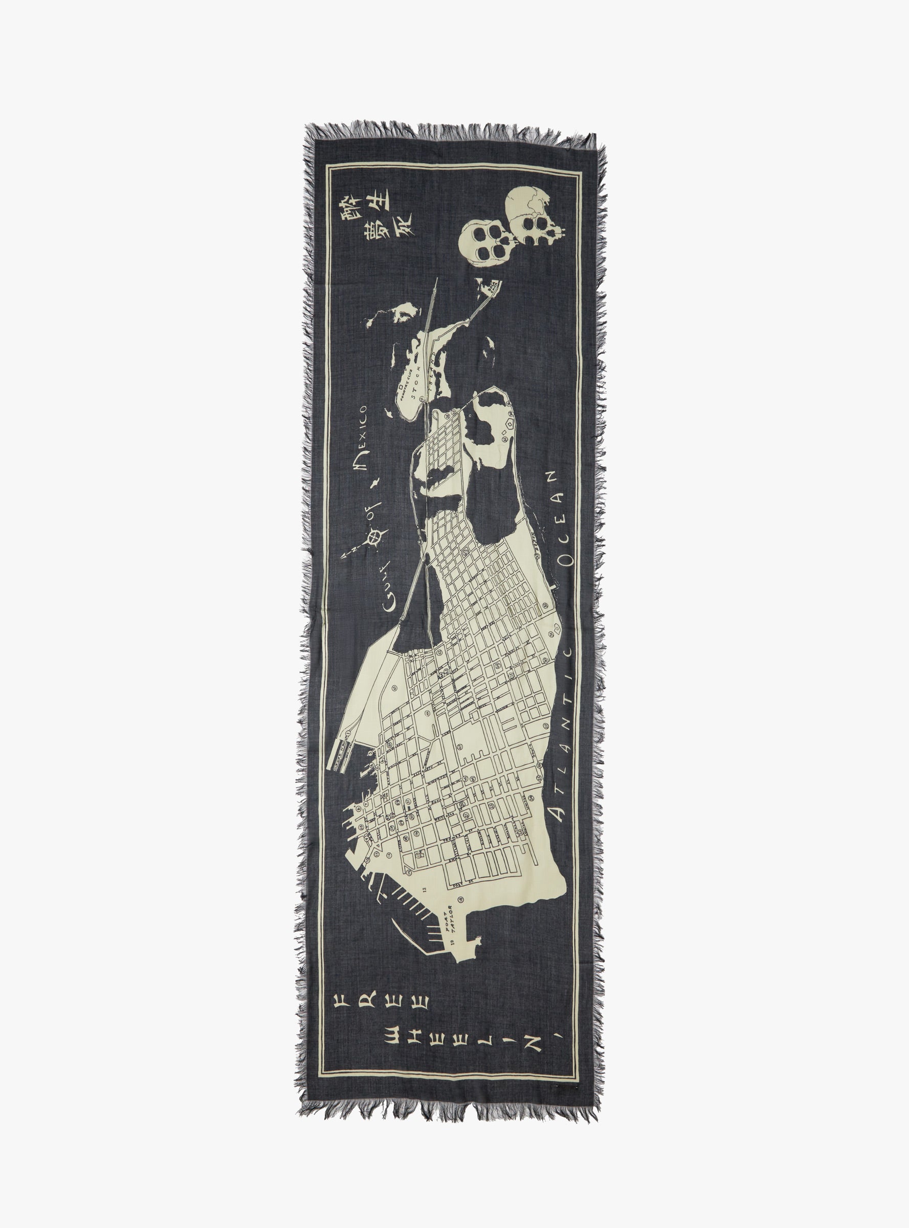 Kayo Hueso Rayon Fringed Stole Black KAPITAL (top view flat) at Couverture & The Garbstore