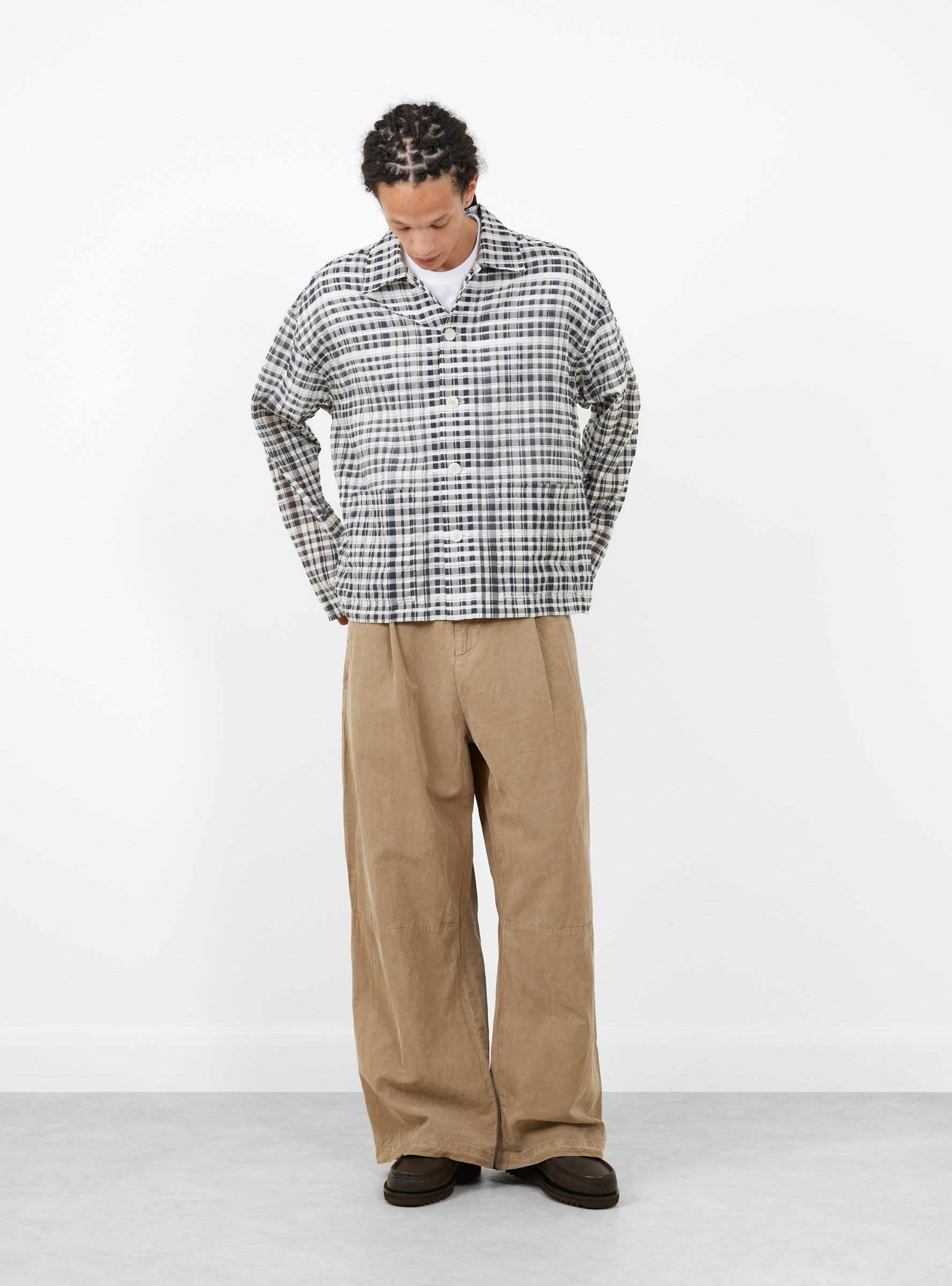Drop Out Trouser-Taupe-YMC You Must Create model front at Couverture & The Garbstore