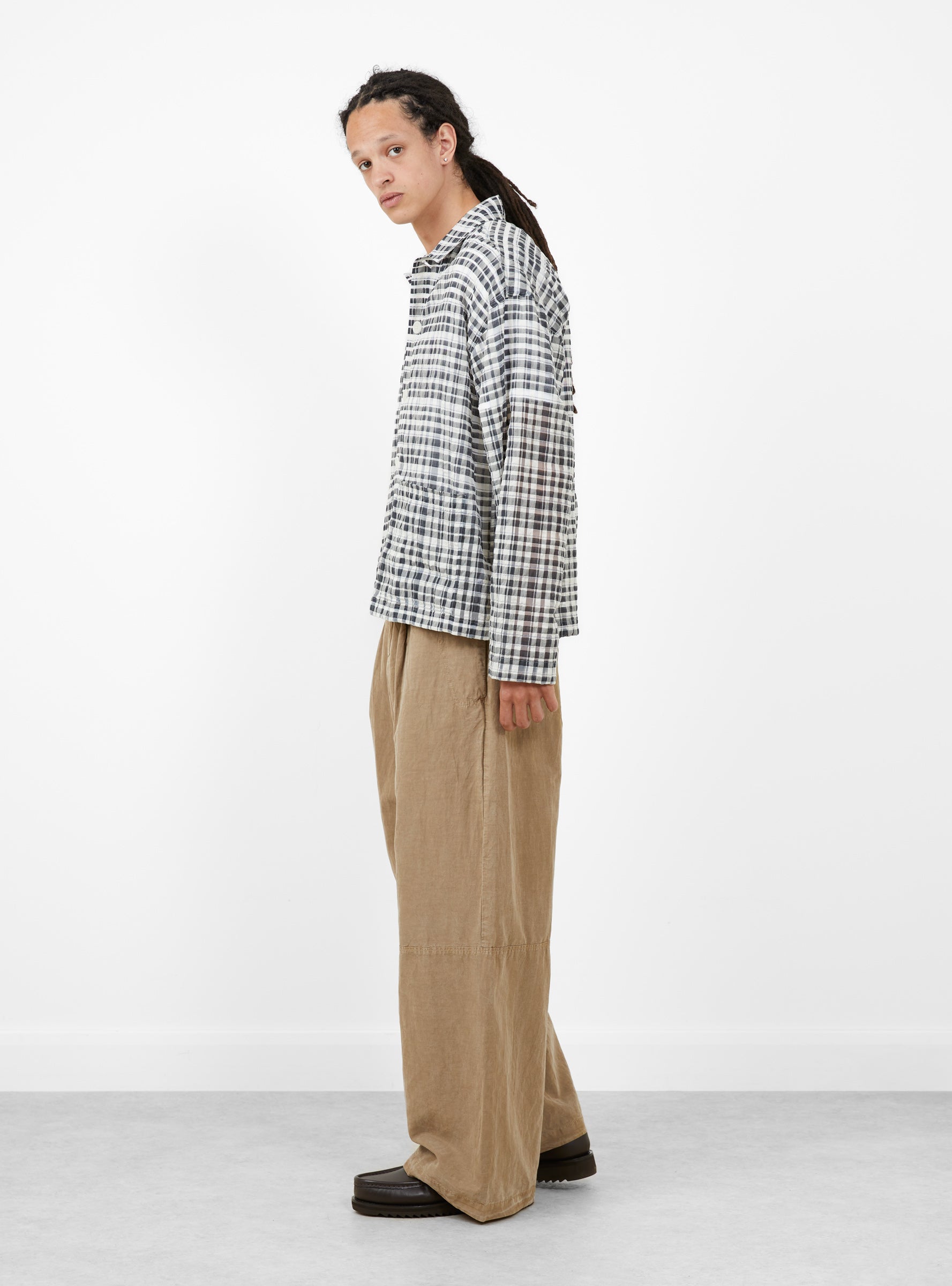 Drop Out Trouser-Taupe-YMC You Must Create model side at Couverture & The Garbstore