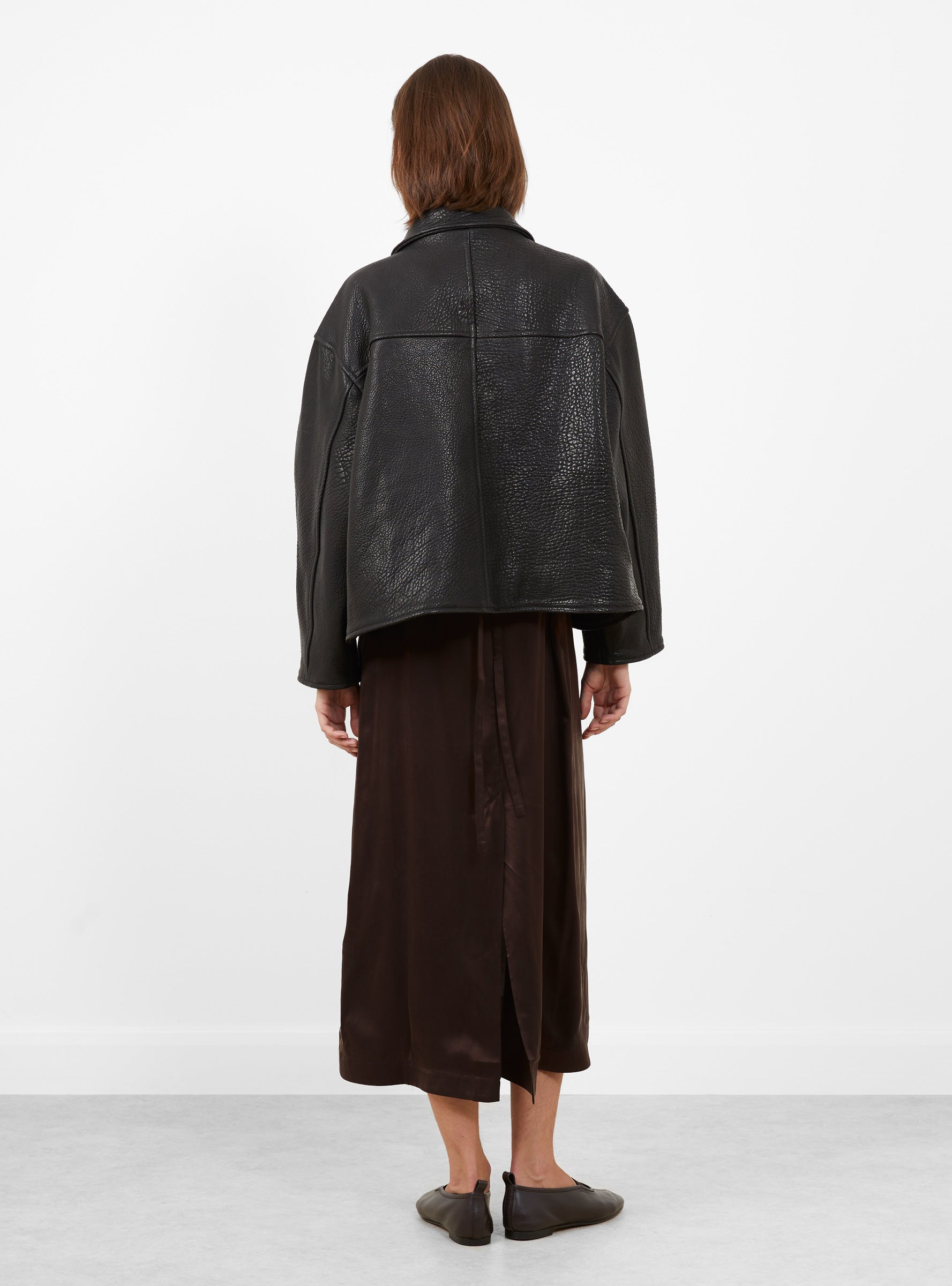 Stretch Wrinkle Leather Flying Jacket Liquorice Liquoirce Cawley (model back) at Couverture & The Garbstore