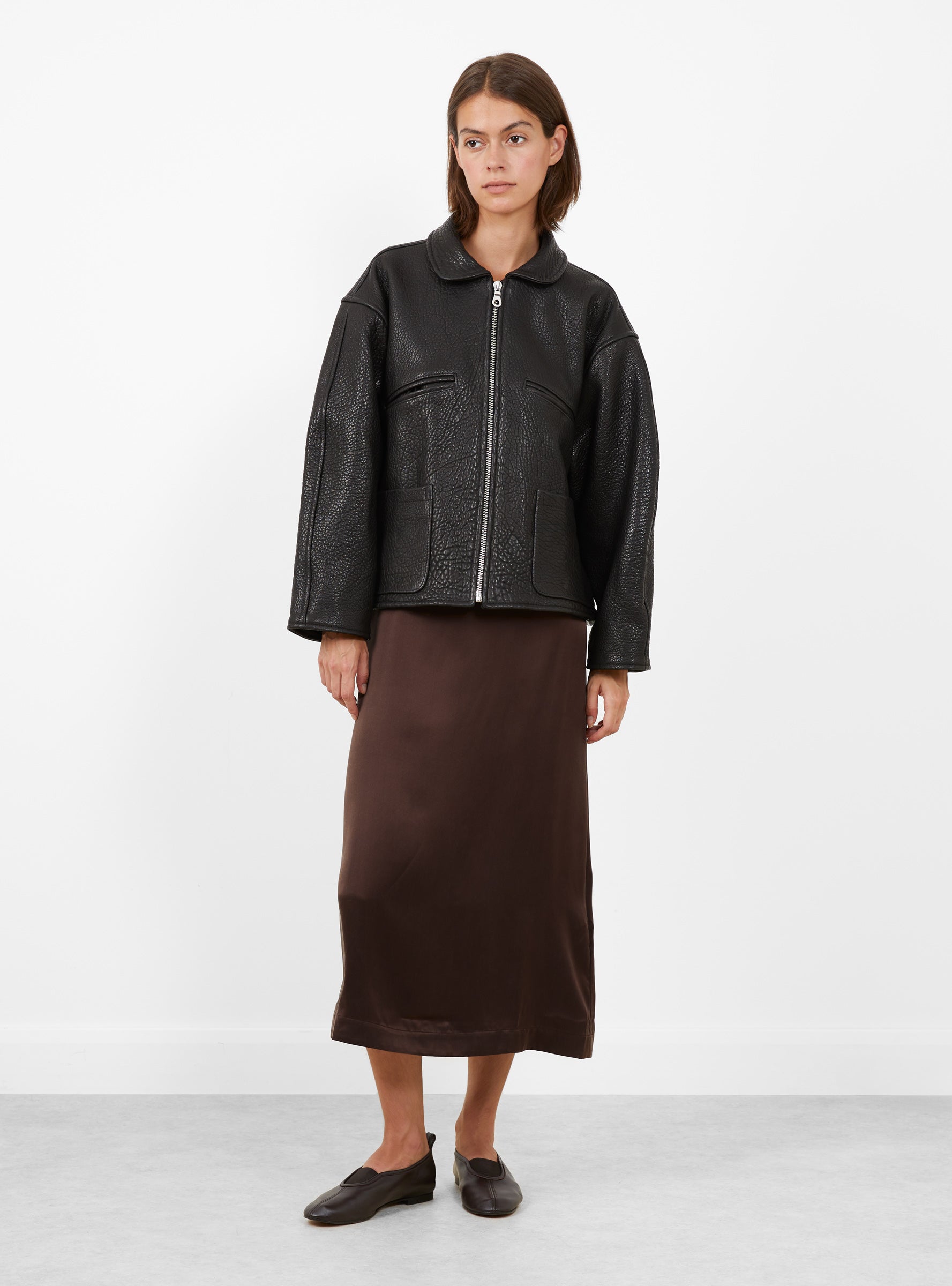 Stretch Wrinkle Leather Flying Jacket Liquorice Liquoirce Cawley (model front) at Couverture & The Garbstore