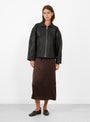 Stretch Wrinkle Leather Flying Jacket Liquorice Liquoirce Cawley (model front) at Couverture & The Garbstore