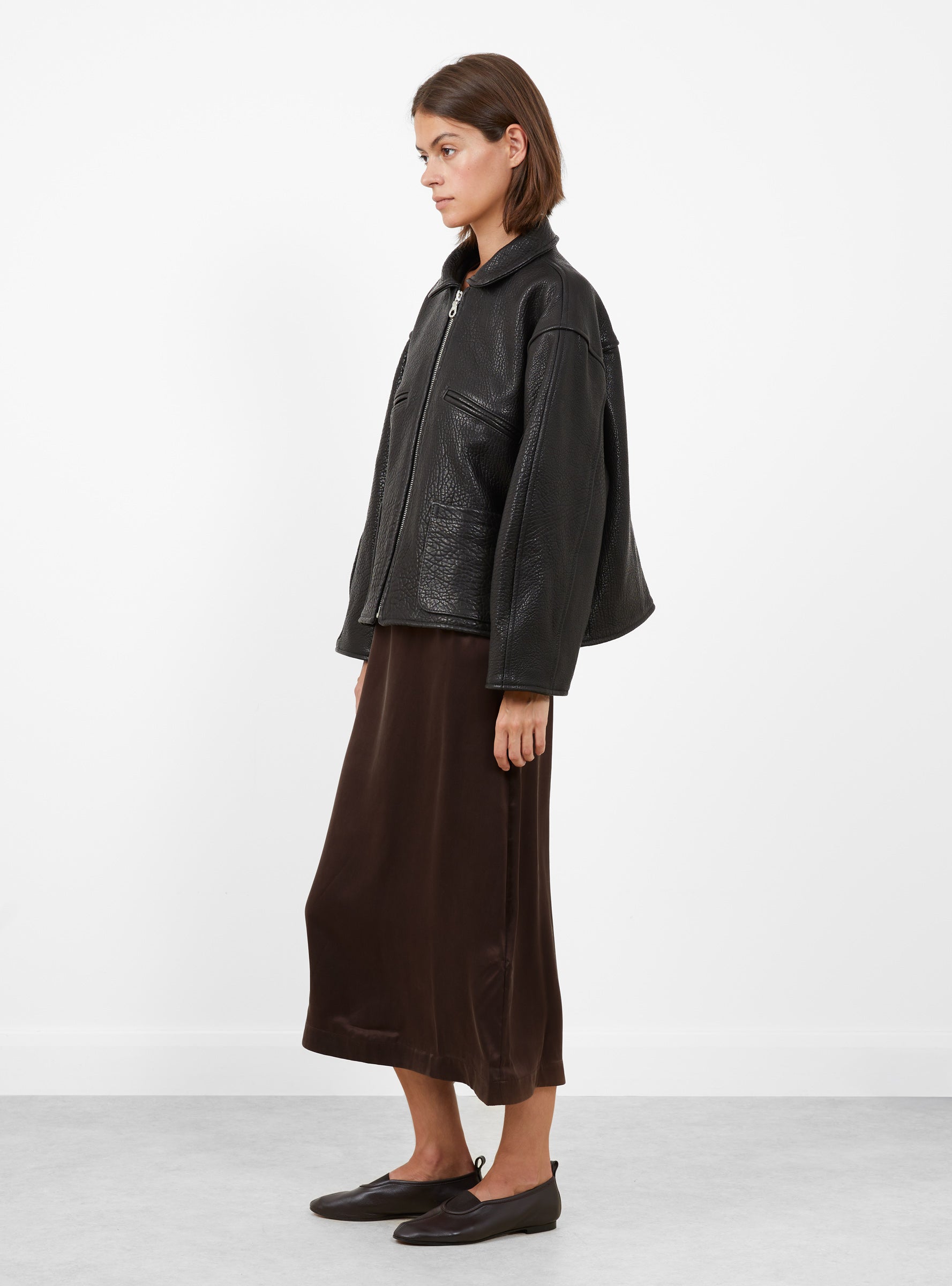 Stretch Wrinkle Leather Flying Jacket Liquorice Liquoirce Cawley (model side) at Couverture & The Garbstore