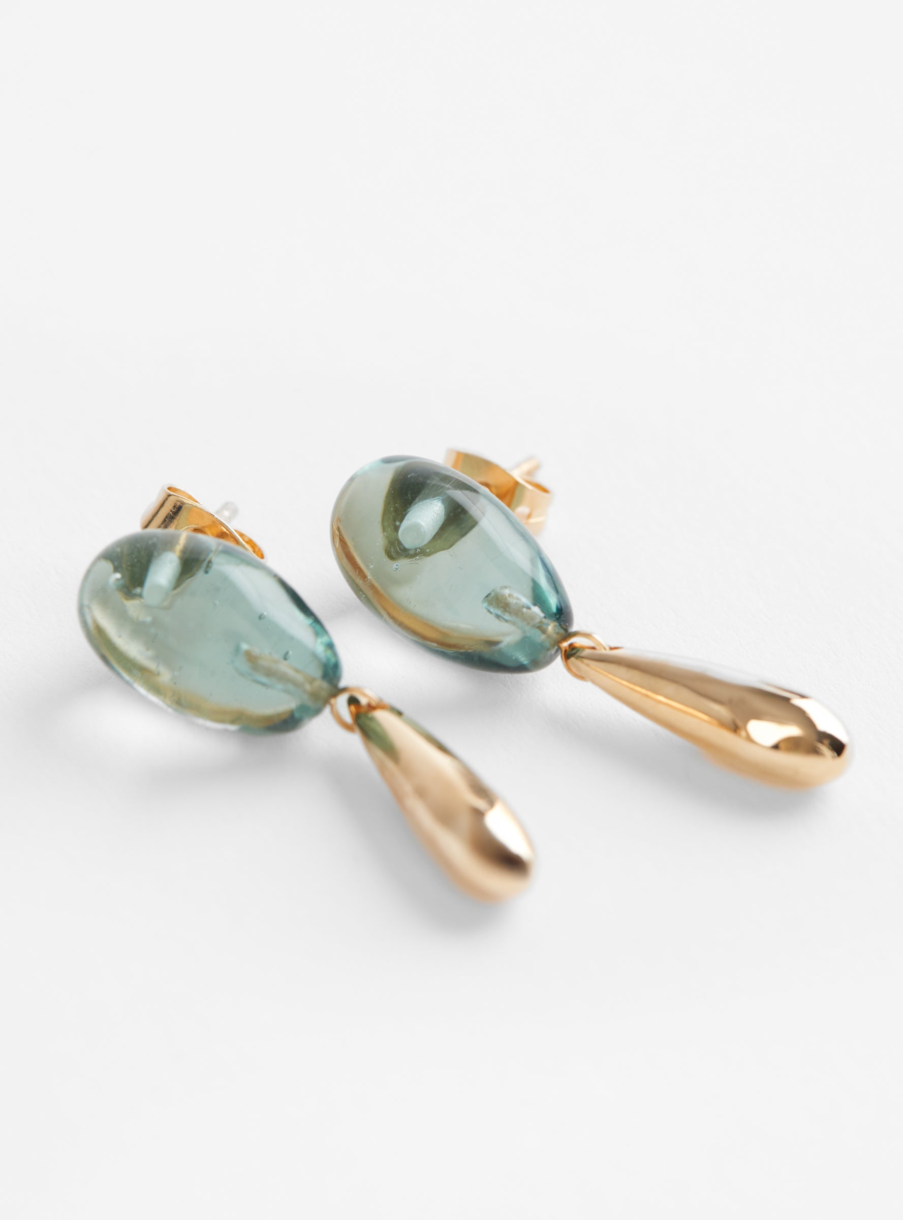 Glass Earrings with Gold Plated Brass Drops IceIceHR close up at Couverture & The Garbstore