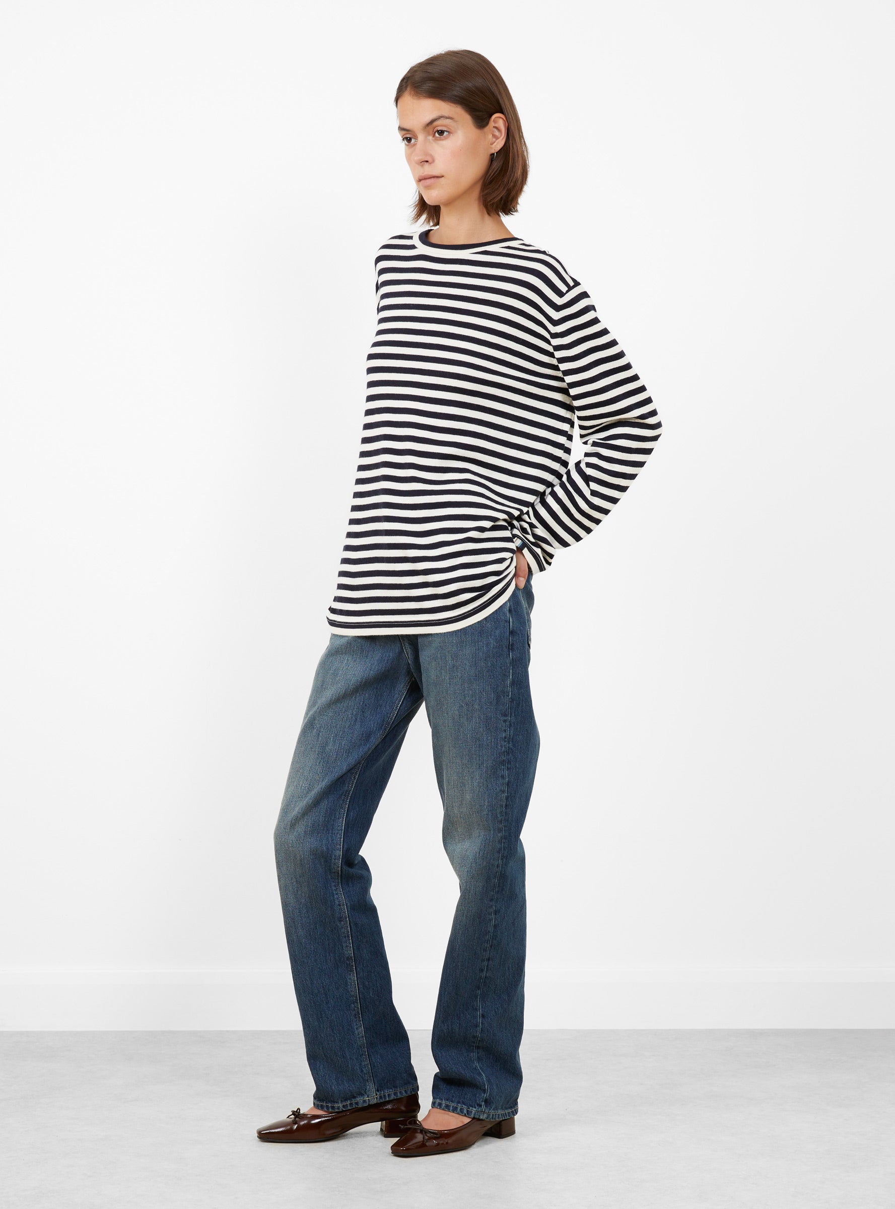 No 500 Jones Long Sleeve T-Shirt Breton Breton Extreme Cashmere (model side) at Couverture & The Garbstore