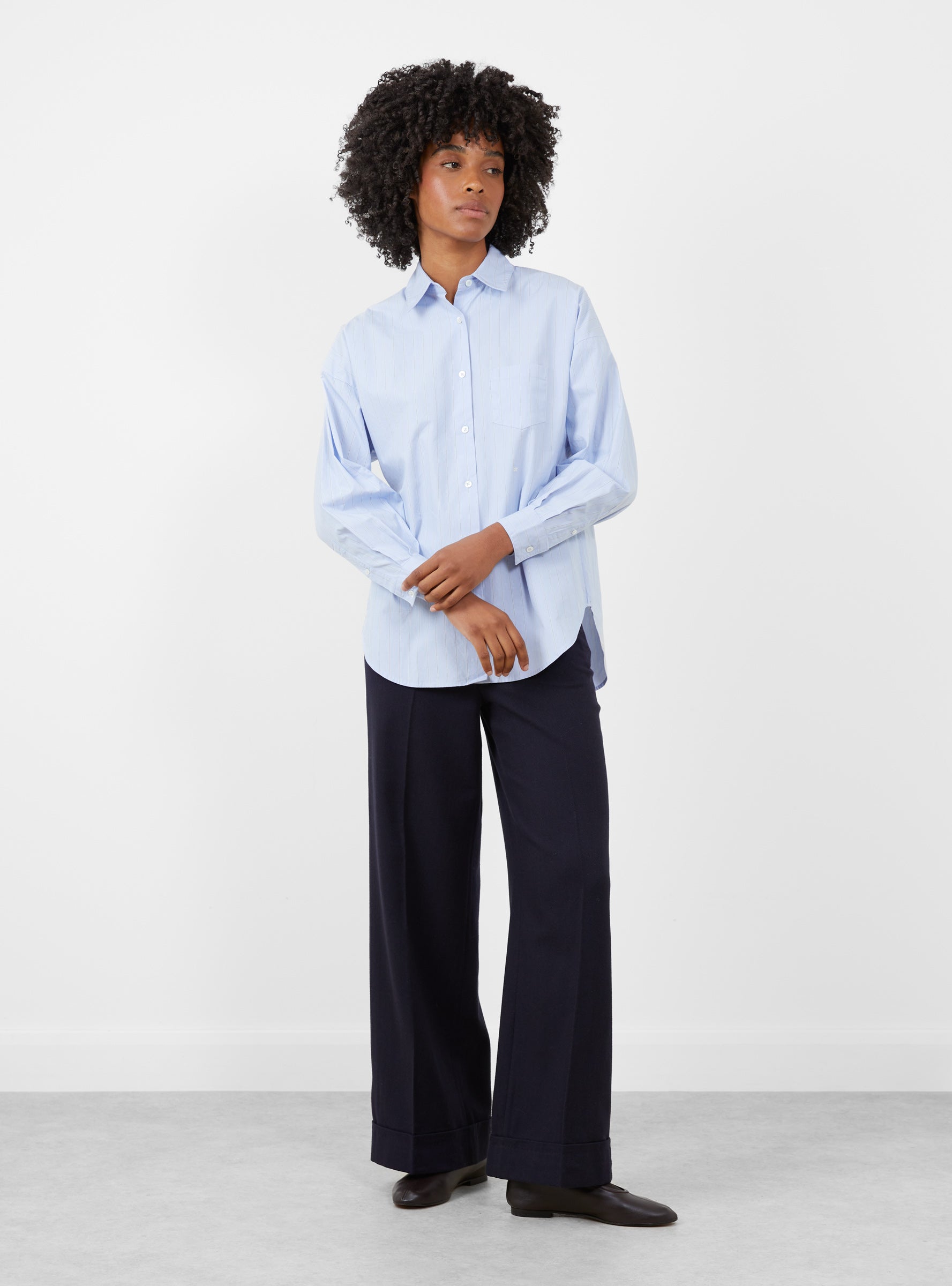 Giorgia Shirt Blue and Grey Stripe Blue ans Grey Stripe Bellerose (model front) at Couverture & The Garbstore