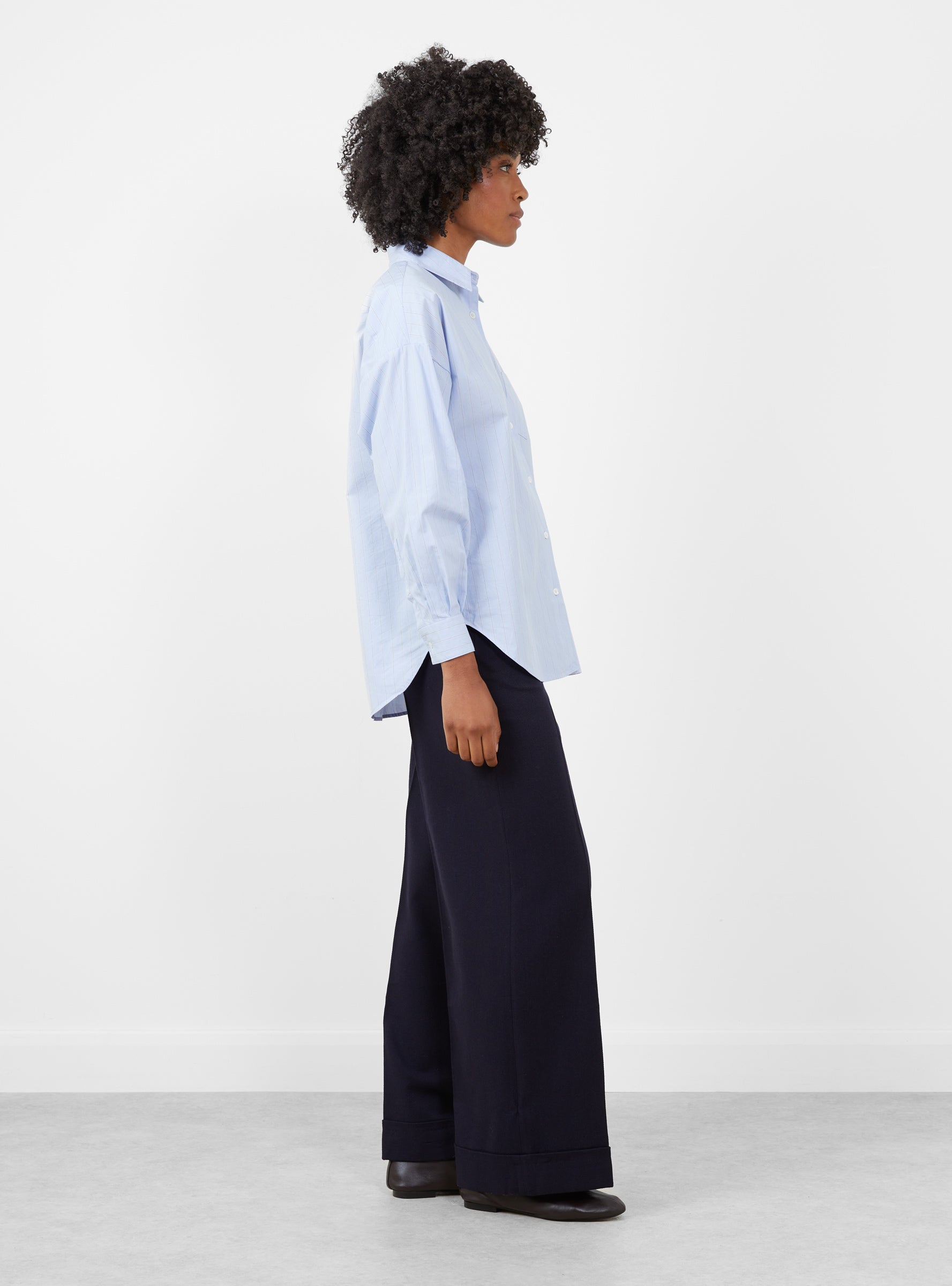 Giorgia Shirt Blue and Grey Stripe Blue ans Grey Stripe Bellerose (model side) at Couverture & The Garbstore