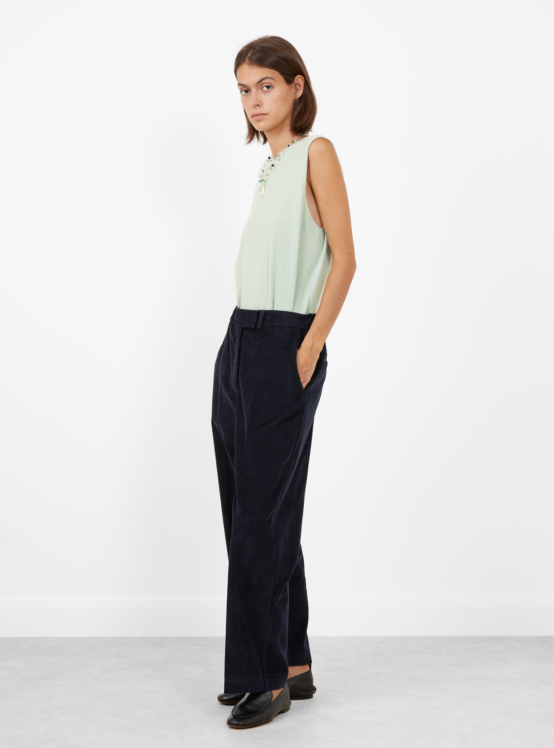 Low Rise Corduroy Pants Navy Navy CORDERA (model side) at Couverture & The Garbstore
