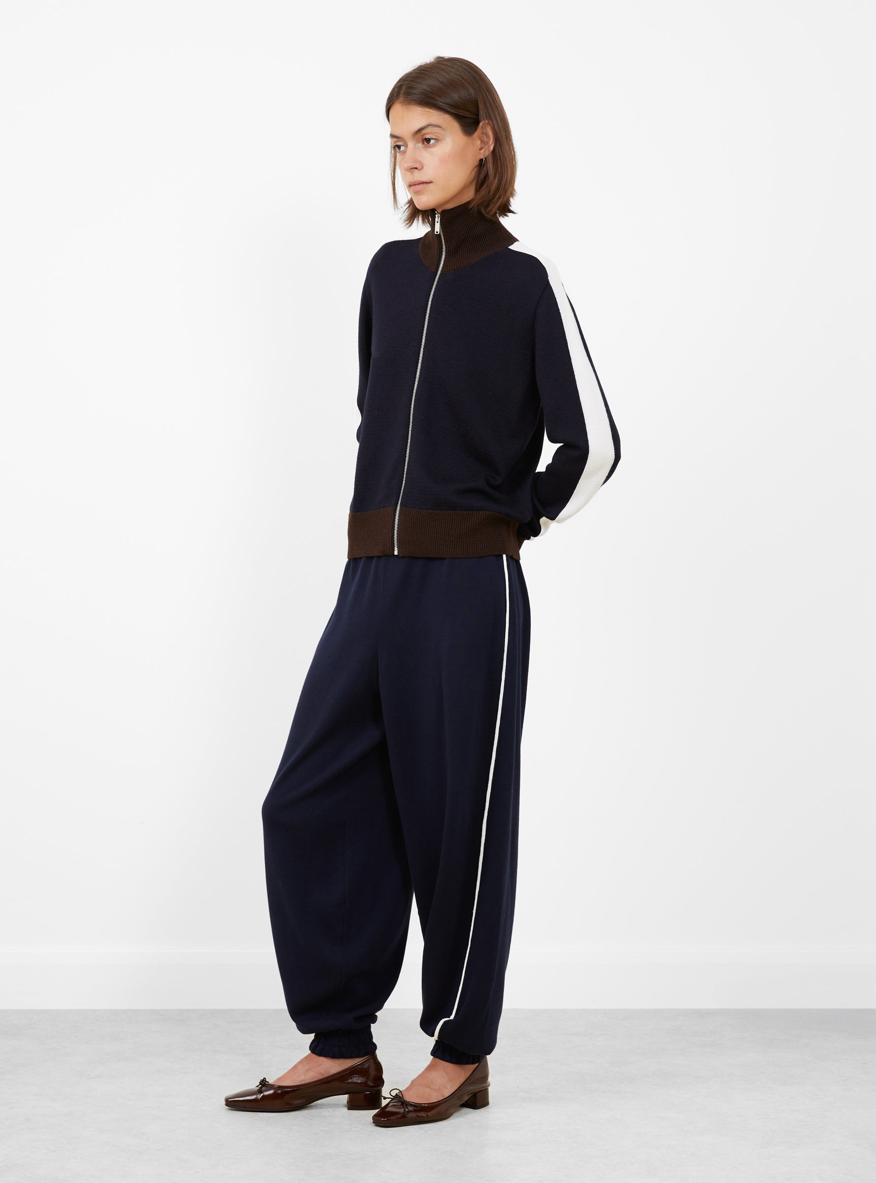 Merino Wool Sporty Cardigan Navy Navy CORDERA (model side) at Couverture & The Garbstore