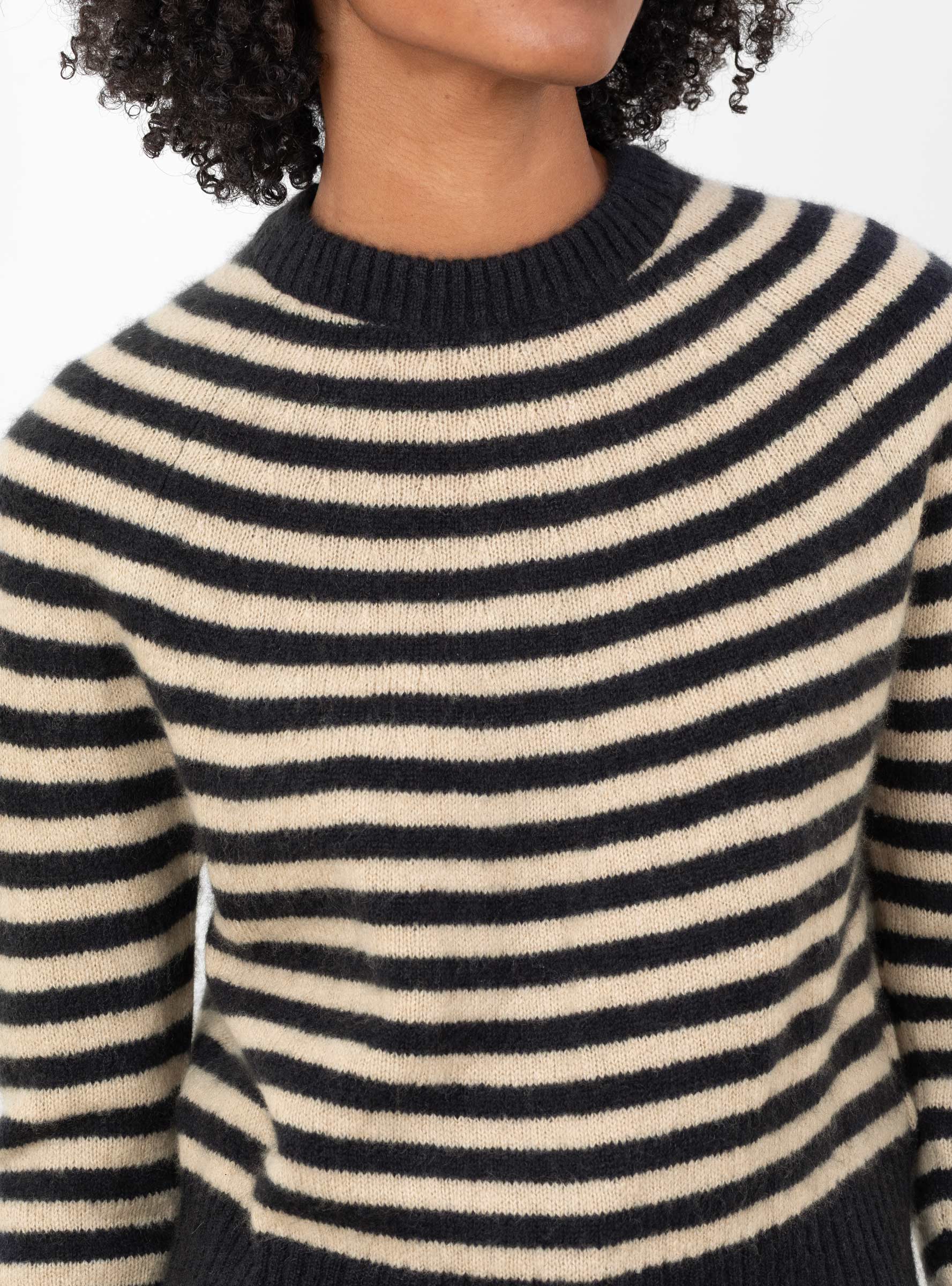 Numbus Crew Neck Darted Sleeve Jumper Beige and Black Stripe Beige and Black Stripe HIMALA (model close up) at Couverture & The Garbstore