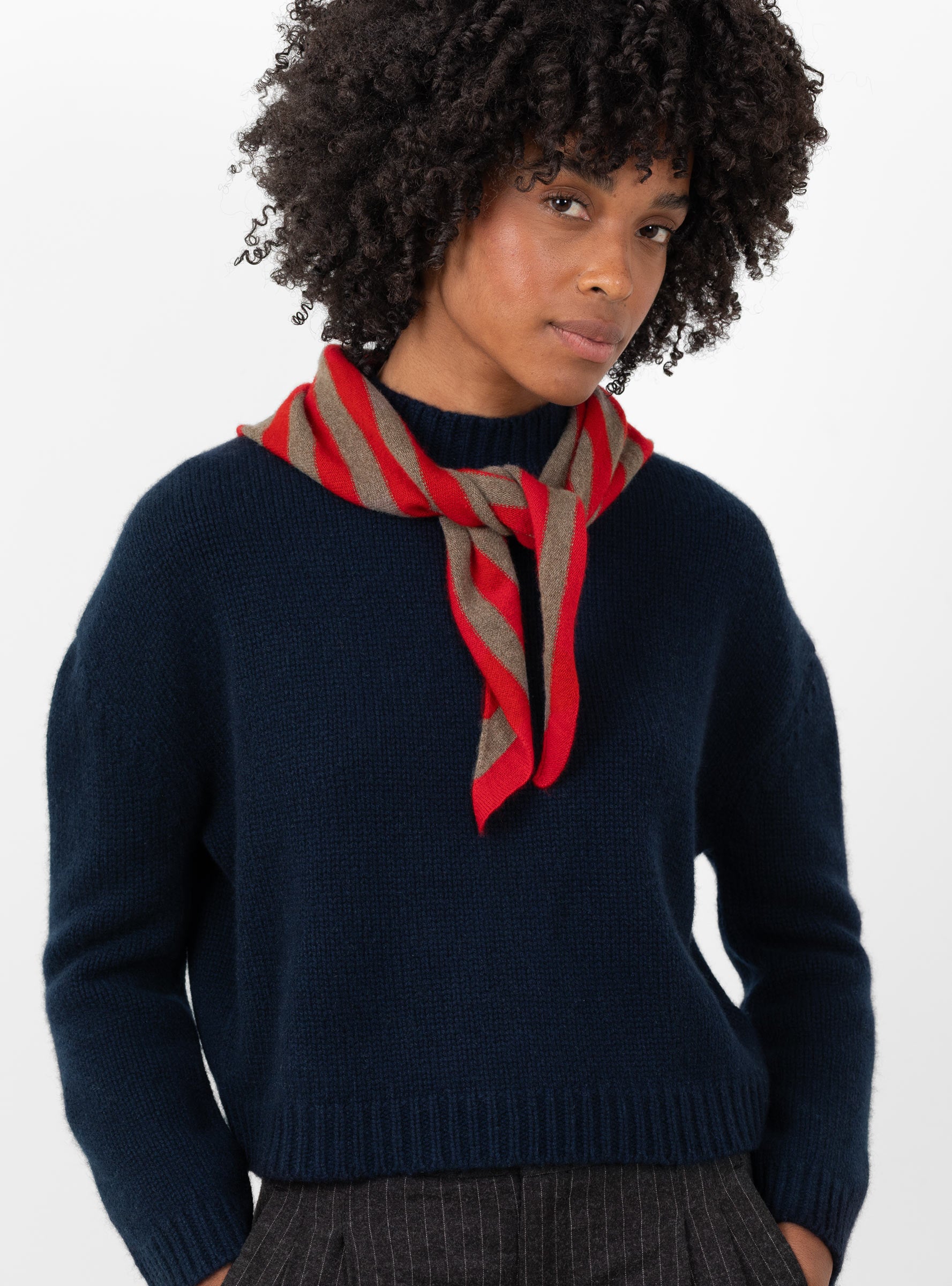 Striped Triangle Scarf Bracken and Scarlet Bracken and Scarlet HIMALA (model) at Couverture & The Garbstore