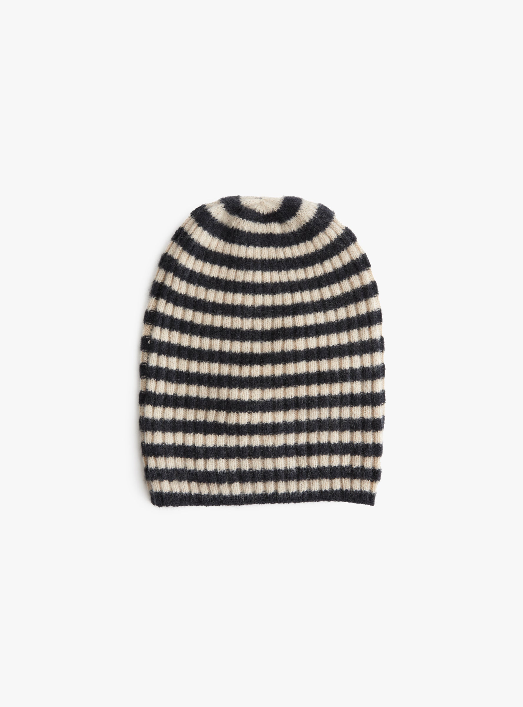 Striped Nimbus Ribbed Hat Black and Beige by Himalayan Cashmere (top view) at Couverture & The Garbstore
