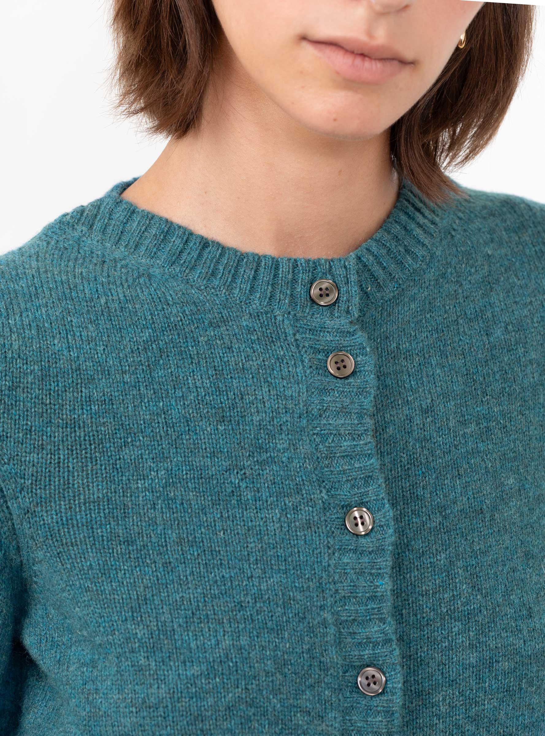 Fugu Cardigan Persian Blue Persian Blue SOEUR (model closeup) at Couverture & The Garbstore