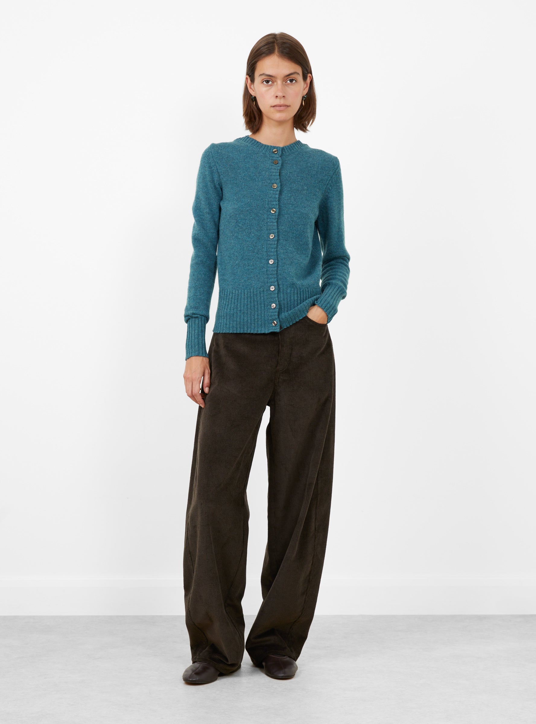 Fugu Cardigan Persian Blue Persian Blue SOEUR (model front) at Couverture & The Garbstore