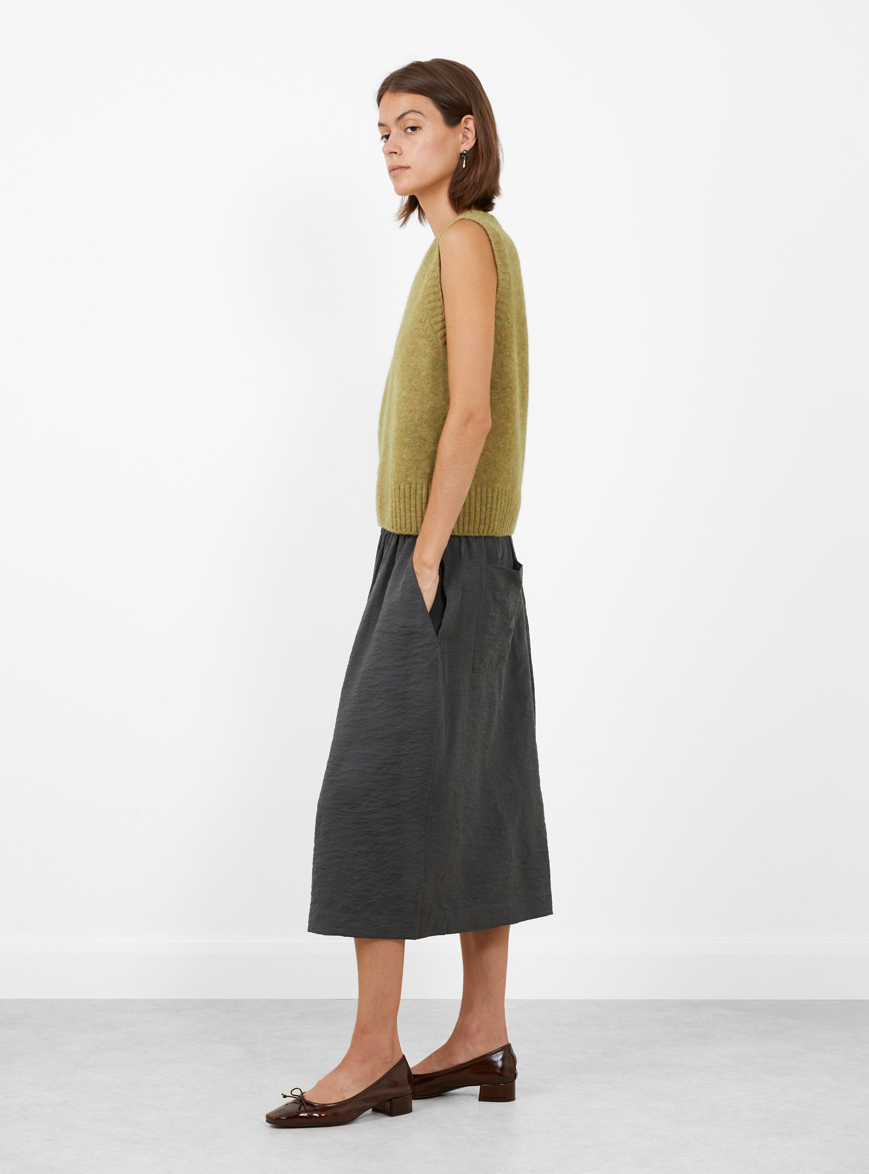Namaste Knit Vest Sage Sage SOEUR (model side) at Couverture & The Garbstore