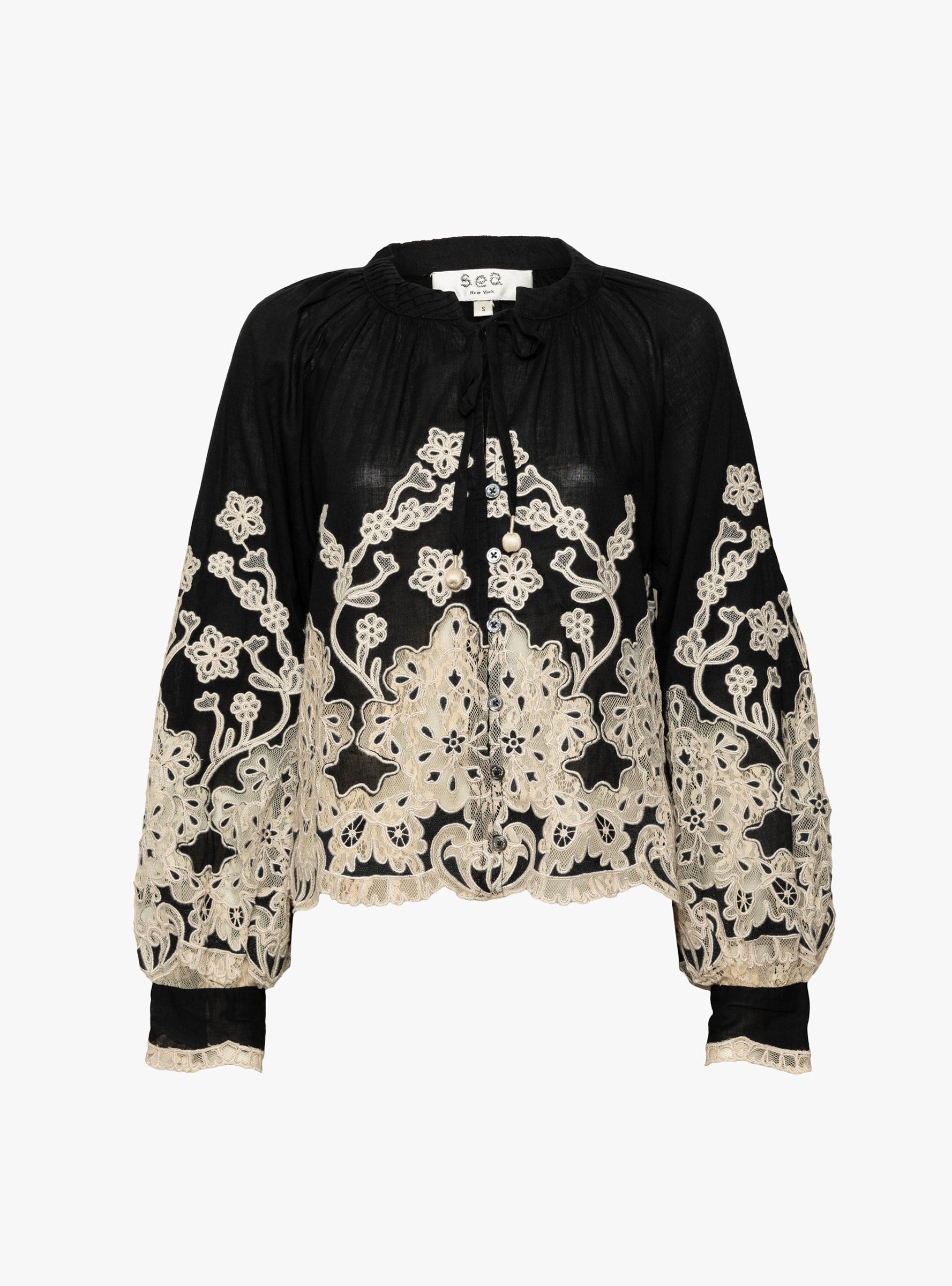 Gracelyn Lace Embroidered Long Sleeve Top Black White Sea (ghost) at Couverture & The Garbstore