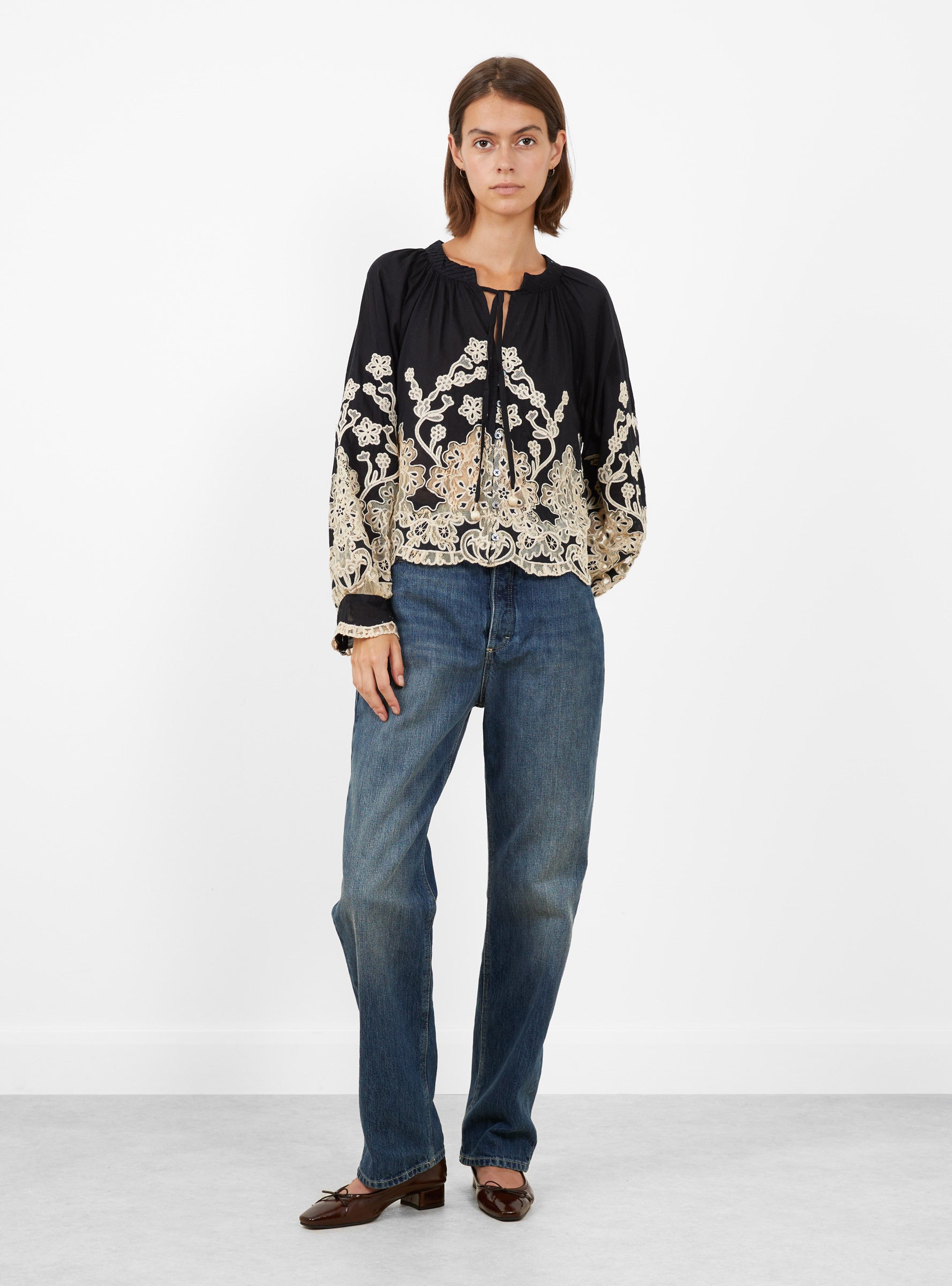 Gracelyn Lace Embroidered Long Sleeve Top Black White Sea (model front) at Couverture & The Garbstore