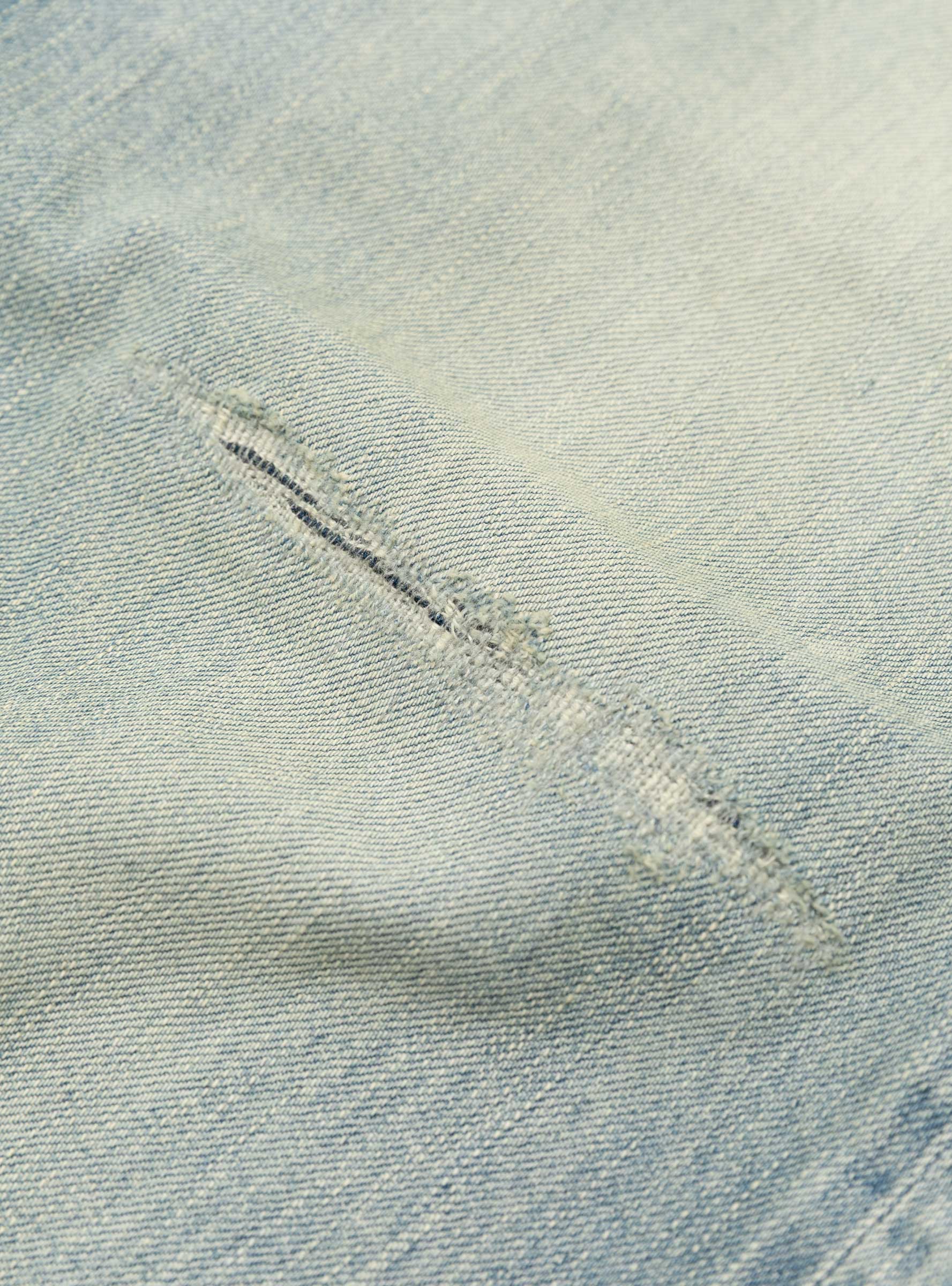 No.37 Washed Wide Denim Pants Bleach A.PRESSE (denim distressing close up) at Couverture & The Garbstore