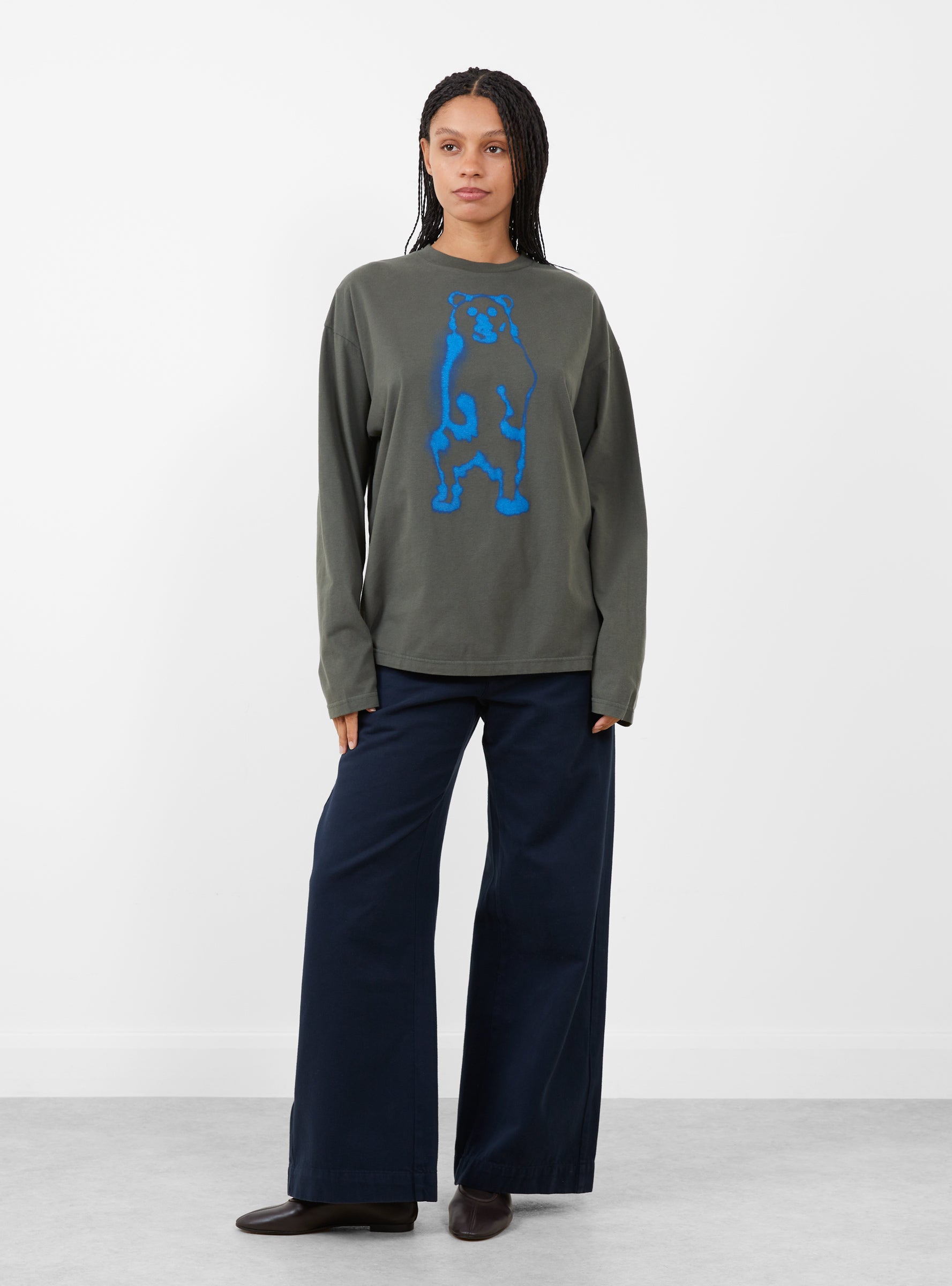 Standing_Bears_Long_Sleeve_T-Shirt_Green_Green_WILD_ANIMALS_model_front at Couverture & The Garbstore