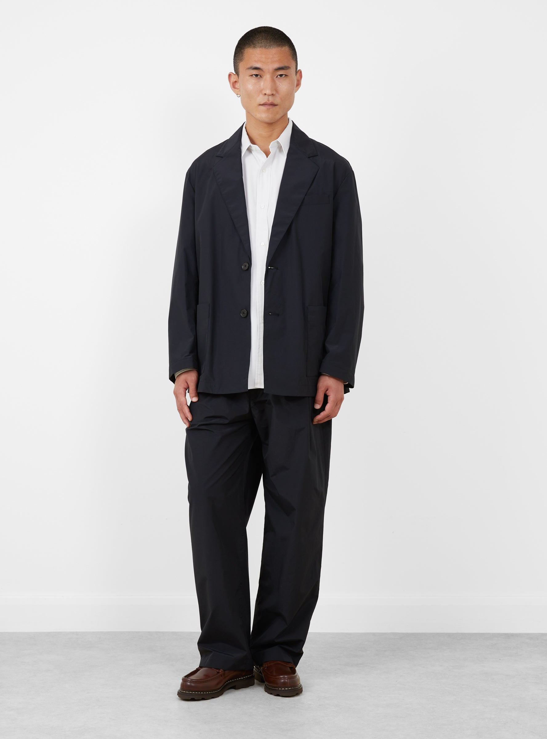Cotton Nylon Single Breasted Blazer Black SSSTEIN (model front ) at Couverture & The Garbstore