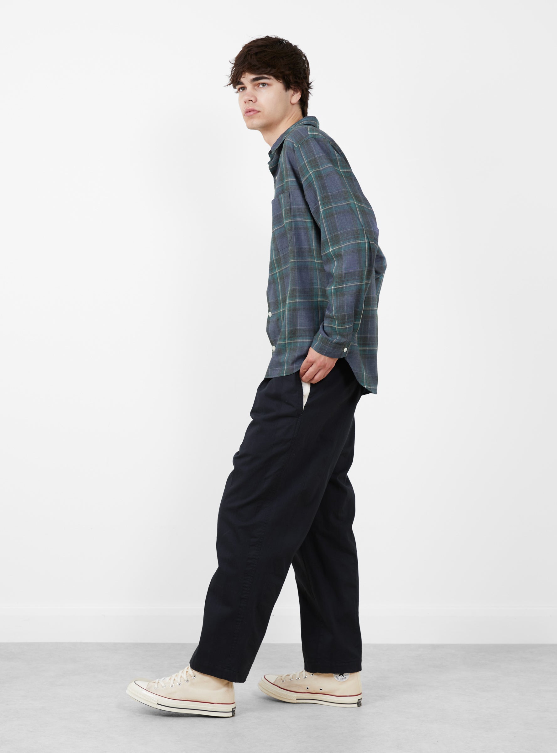 Made in Japan Grande Tab Shirt Blue Blue Check TDR (model side) at Couverture & The Garbstore