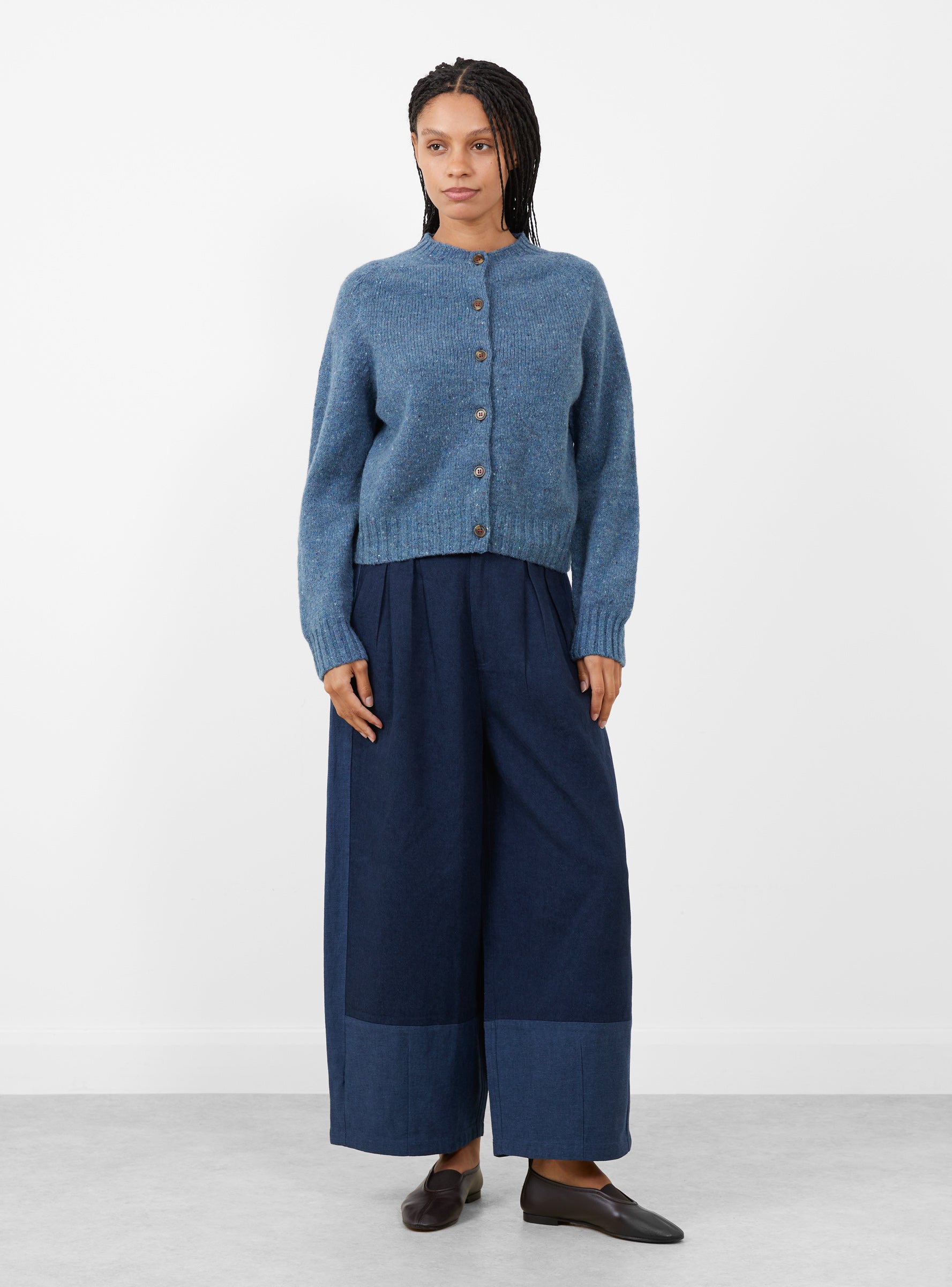 Nova_Cardigan_Denim_Fleck_Denim_Fleck_SIDELINE_Model_front at Couverture & The Garbstore