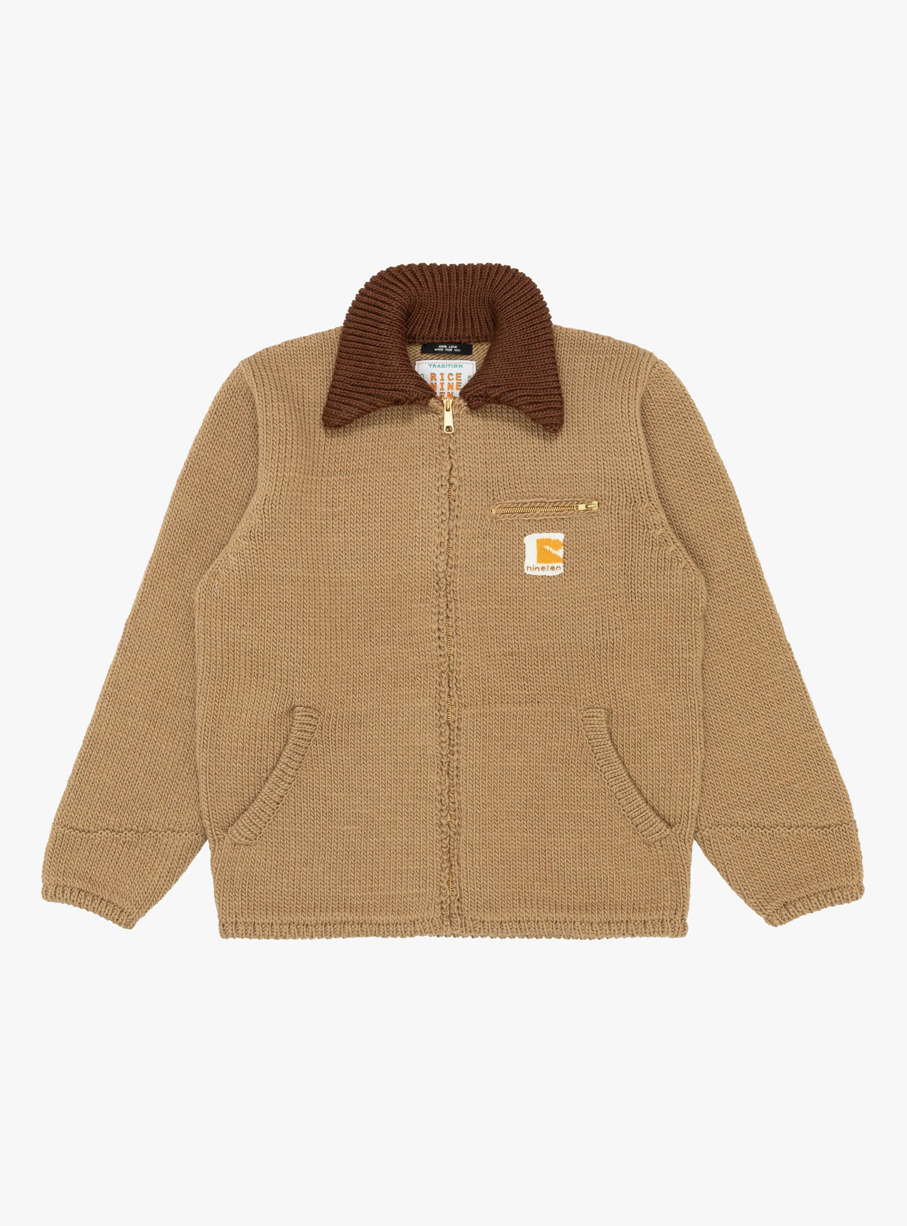 Homemade Knitted Detroit Jacket Tan RICE NINE TEN (front) at Couverture & The Garbstore