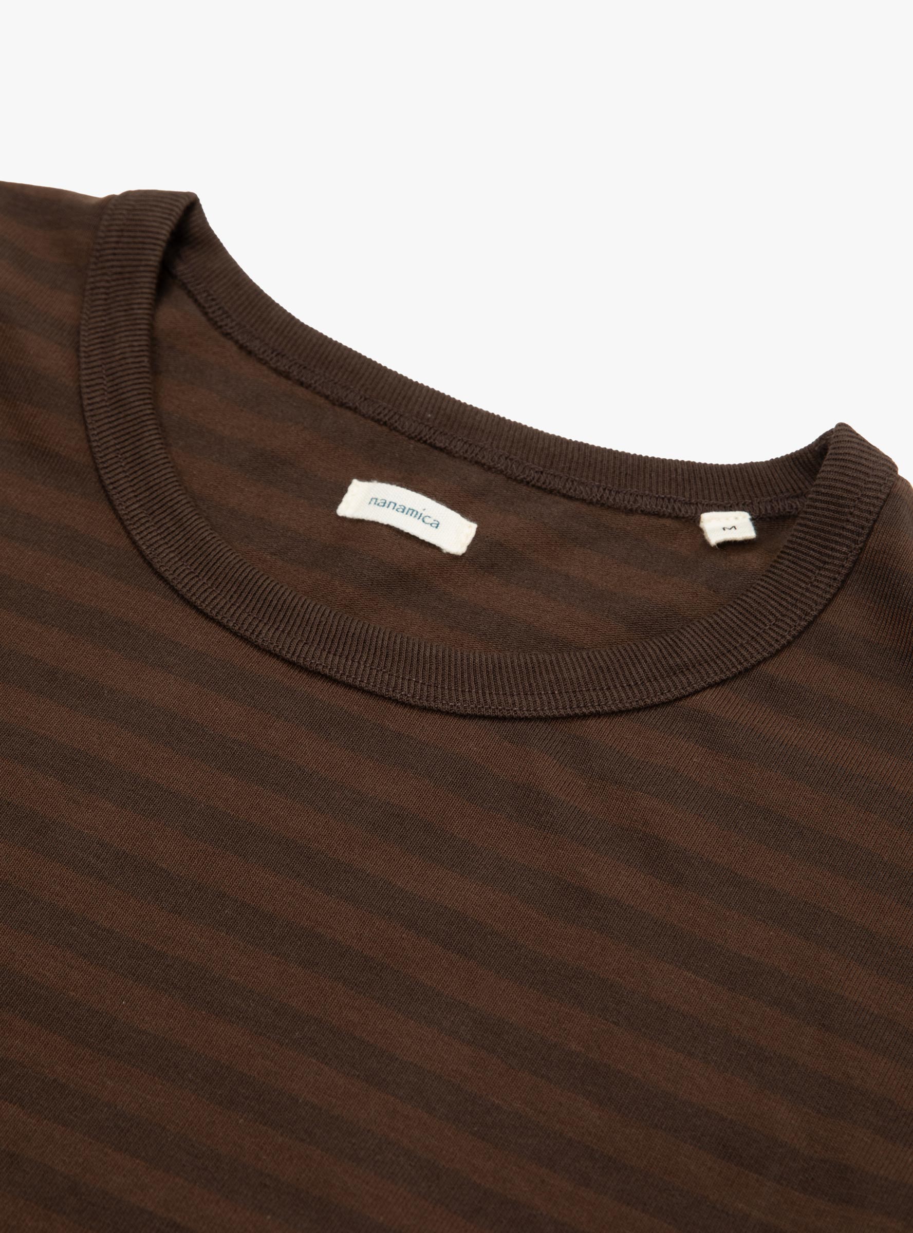 COOLMAX Stripe Jersey T-shirt Dark Brown NANAMICA (collar detail) at Couverture & The Garbstore