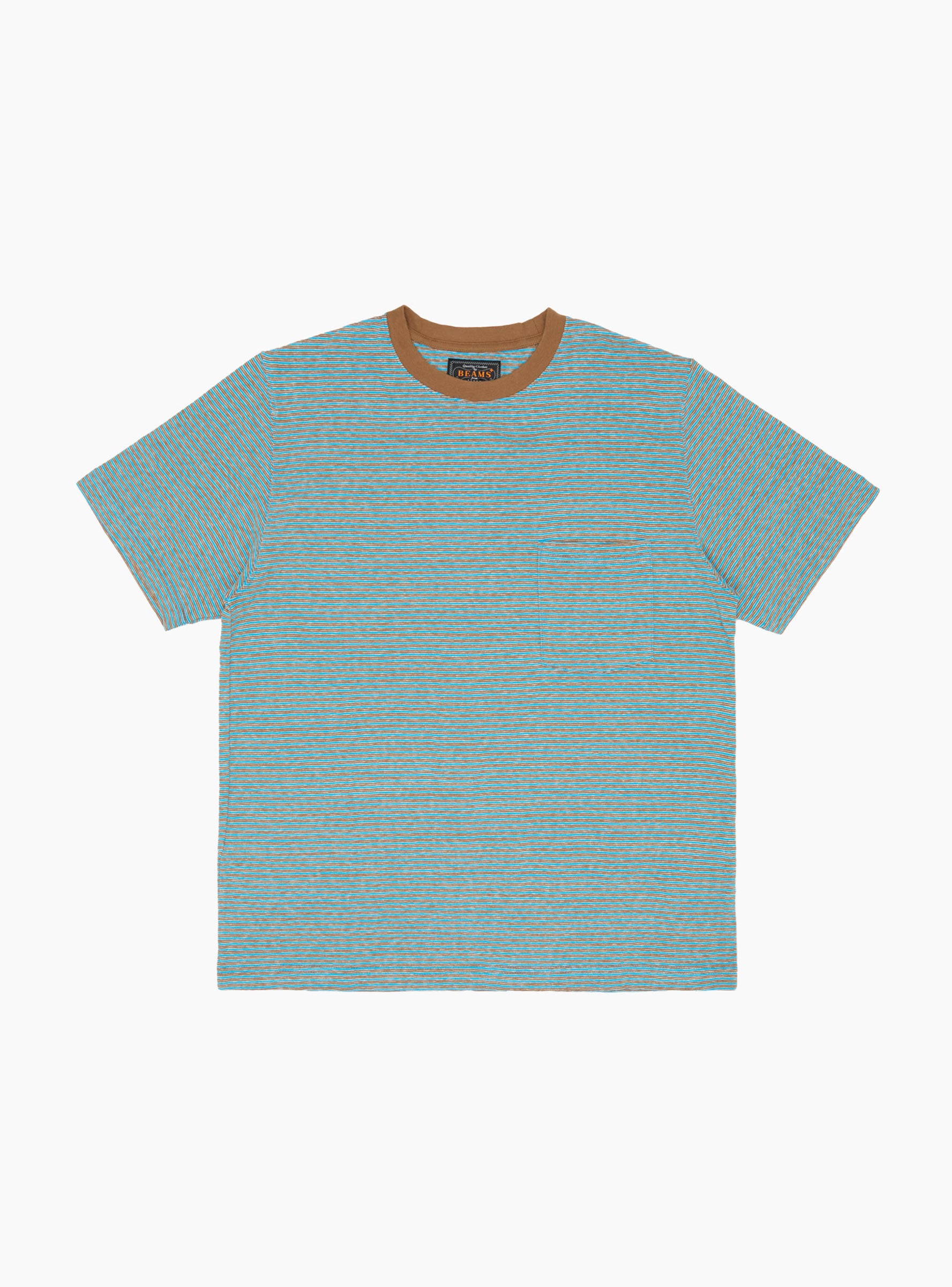 Pocket Tee Multi Stripe Sax Sax BEAMS PLUS (Front) at Couverture & The Garbstore