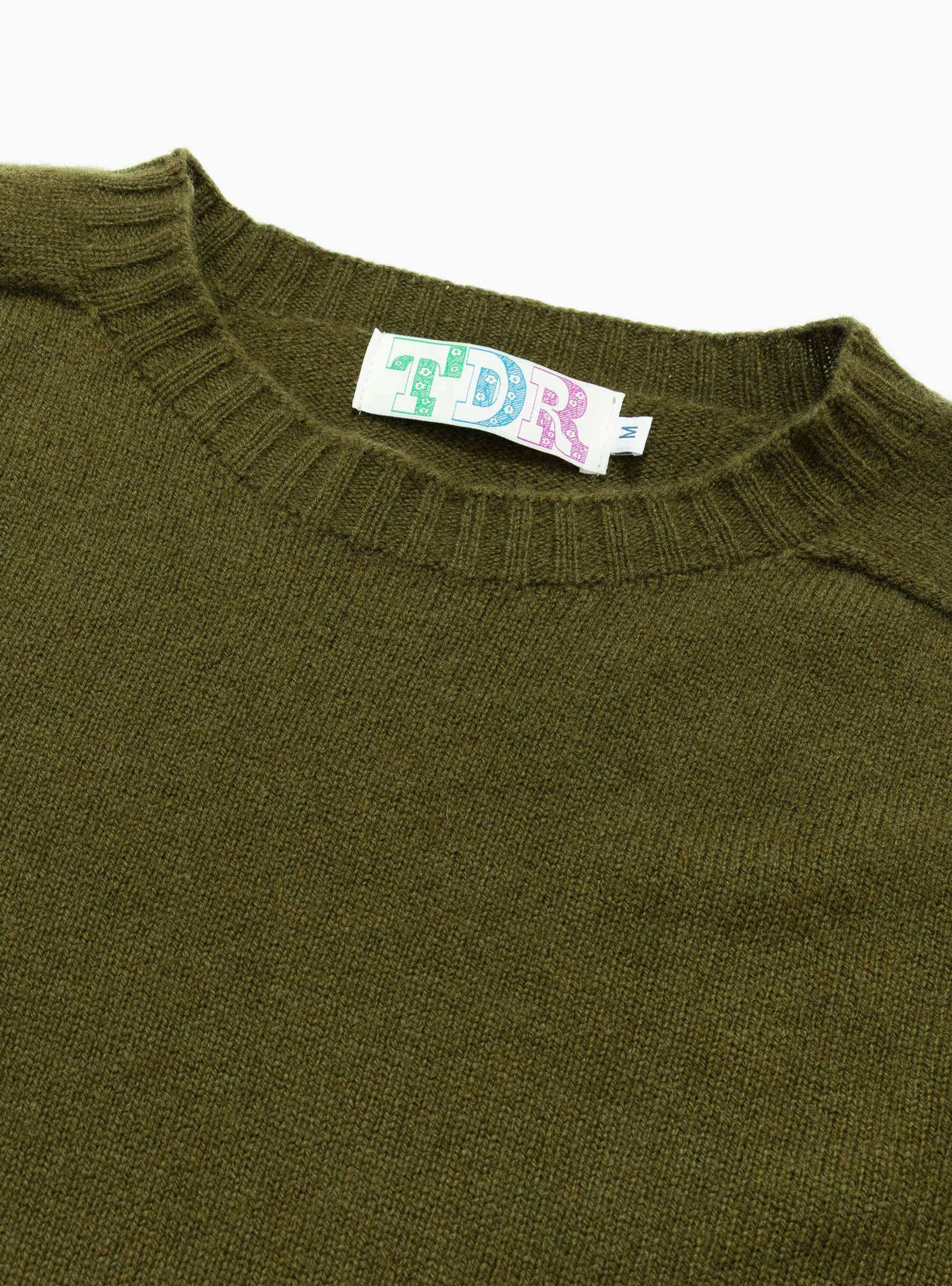 Seamless Lambswool Crew Olive Green TDR (Neckline Detail) at Couverture & The Garbstore