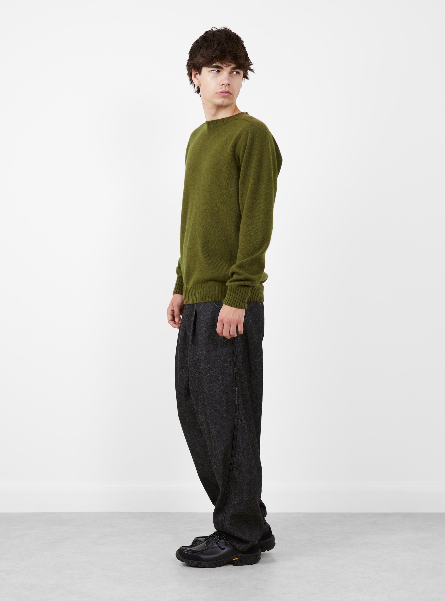 Seamless Lambswool Crew Olive Green TDR (model side) at Couverture & The Garbstore