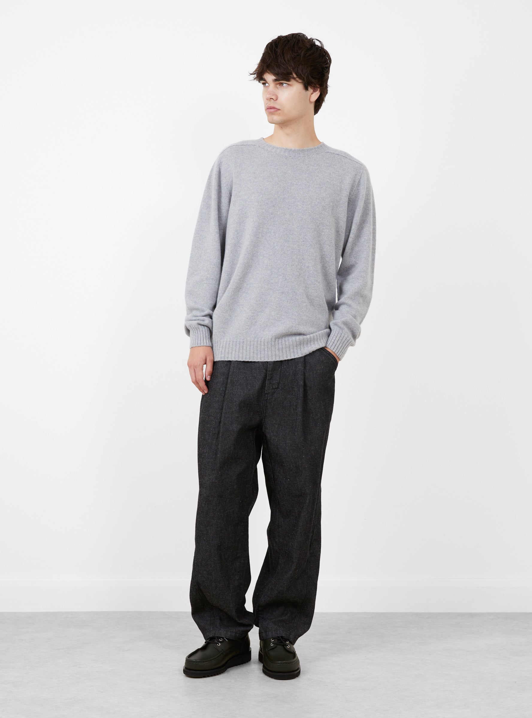 Seamless Lambswool Crew Coyote Grey TDR (model front) at Couverture & The Garbstore