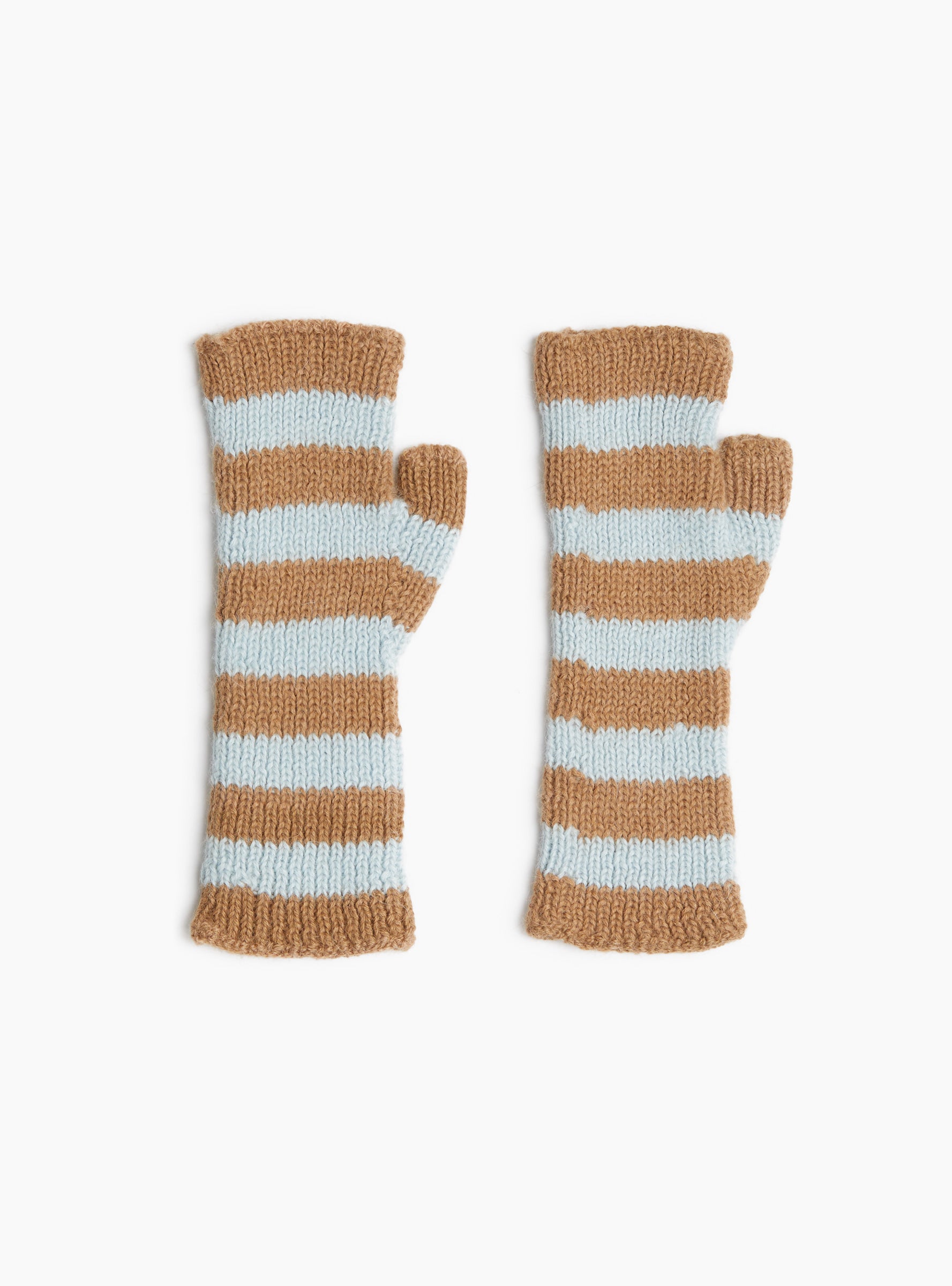 Baby Alpaca Striped Fingerless Gloves Camel and Light Blue Camel and Light Blue KARA (Front) at Couverture & The Garbstore